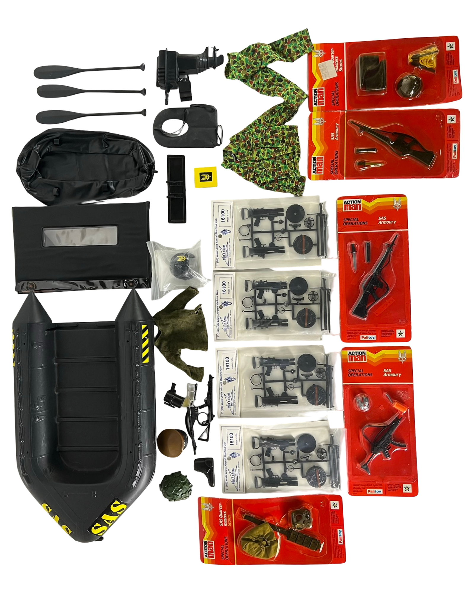 Vintage Action Man SAS Accessories Lot: Mixed lot of vintage Action Man and Palitoy SAS Special Operations accessories, weapons, uniforms, and gear. Includes an SAS-marked inflatable assault boat with paddles, multiple carded Palitoy SAS Ar
