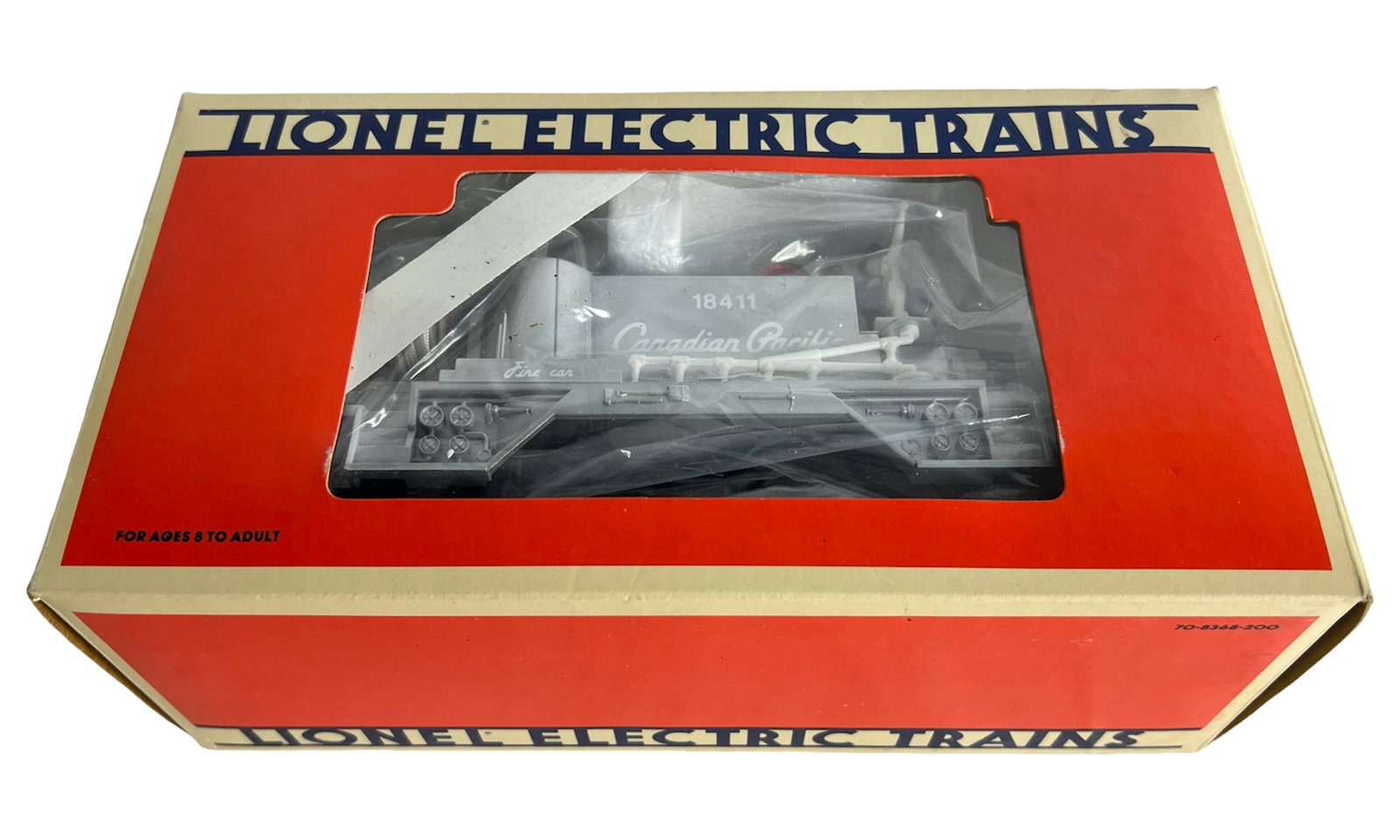 Lionel Canadian Pacific Fire Fighter Car #6-18411: Lionel Canadian Pacific Fire Fighter Car #6-18411. This detailed O-gauge operating car features molded firefighting tools, side ladders, water cannon with seated firefighter figure, rooftop dome, and 