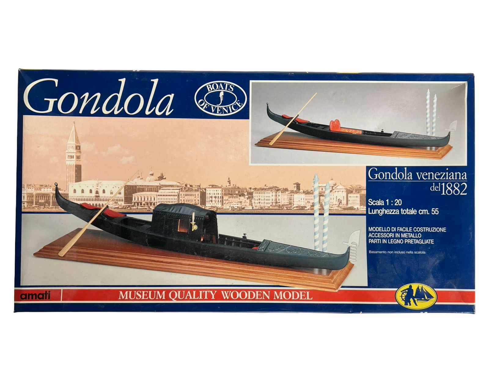 Amati Venetian Gondola Wooden Model Kit: 1:20 scale wooden model kit of an 1882 Venetian gondola by Amati, renowned for their museum-quality ship models. The kit includes pre-cut wooden parts, metal accessories, decorative brass details, oar