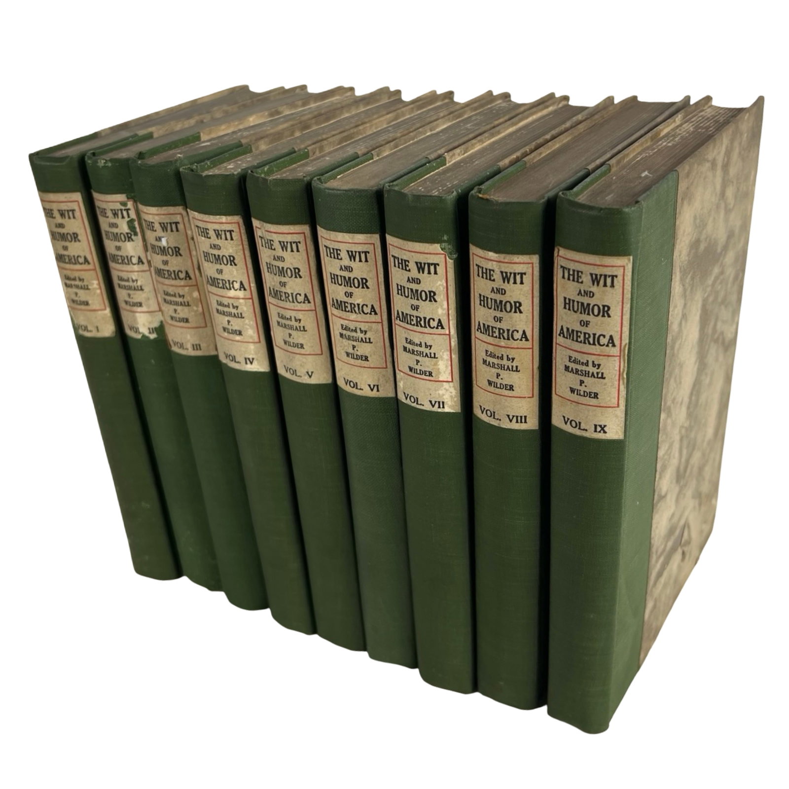 Antique "The Wit and Humor of America" 9-Vol Set: Antique 9-volume set of The Wit and Humor of America, edited by Marshall P. Wilder and published by Funk & Wagnalls. Bound in green cloth with marbled boards, this collection features essays, stories,