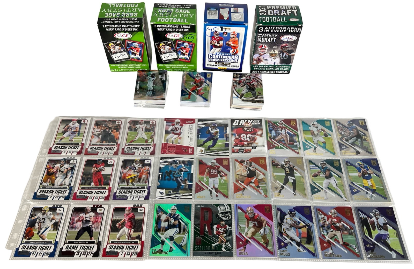 Football Cards - Superstars & Hall of Fame Legends: Spanning multiple premium brands and years, this impressive 500-card collection includes approximately 250 Sage Artistry, 75 Panini Contenders 2020, 55 Sage Premier Draft Picks 2021, and 50 Panini Pre