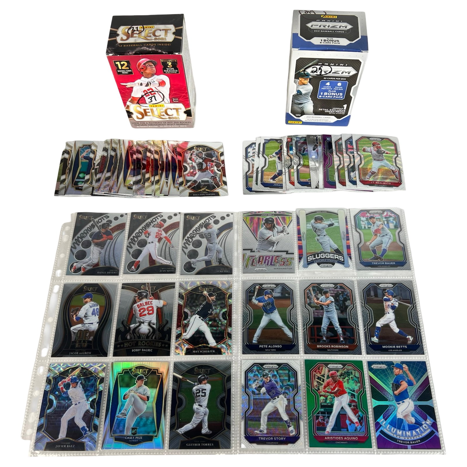 2021 Panini Select & Prizm Chrome Baseball Cards: Card collection including 37 Panini 2021 Select Chrome cards with Moonshots, Hot Rookies, Sensations, stars and RCs, and 29 Panini 2021 Prizm Chrome cards with Fearless, Sluggers, Illumination, stars 