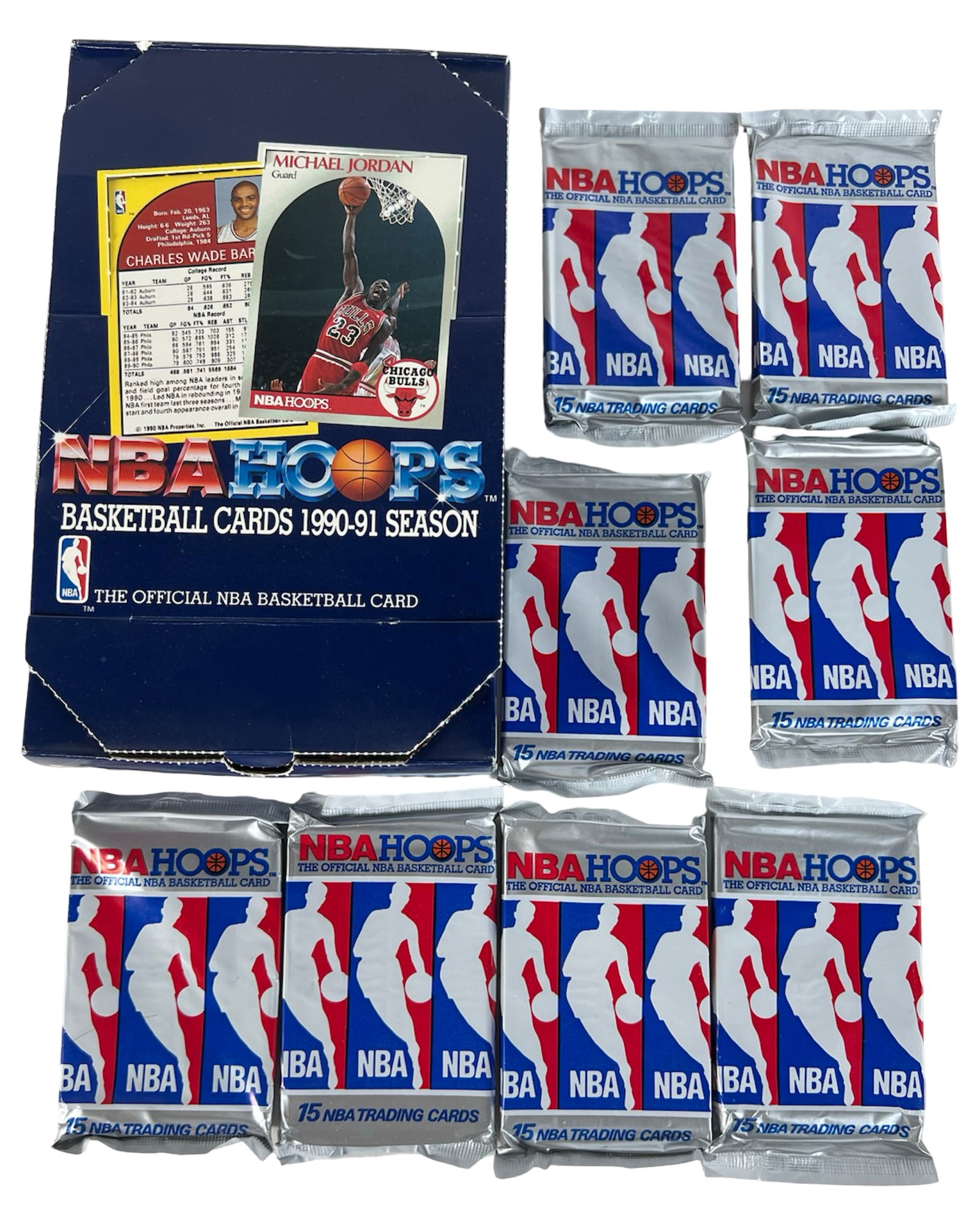 1990-91 NBA Hoops Basketball Cards: Group of 1990-91 NBA Hoops basketball cards, including an assortment of player and coach cards from across the league. The collection comes in the original display box and includes multiple sealed pac