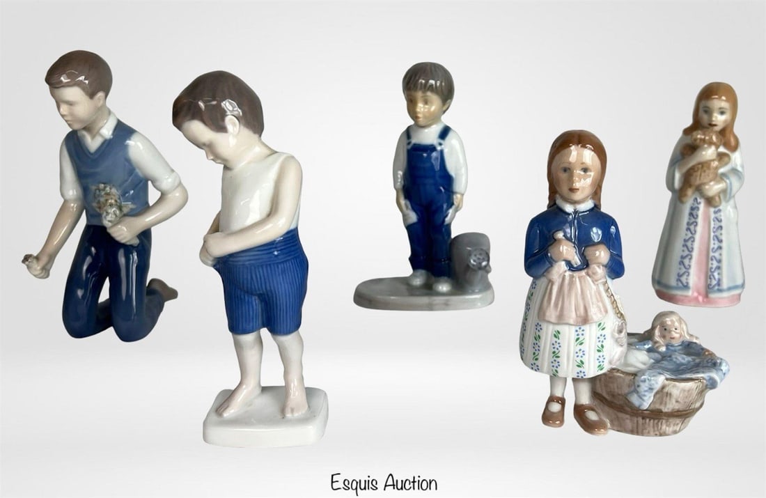 B&G Bing & Grondahl Porcelain Figurine Collection: Charming grouping of Bing & Grondahl porcelain figurines, including "Boy with Bouquet of Flowers Kneeling" (#2346), "Tiny Tot" (#1759), "The Little Gardener" (#2546), "Wash Day" (#23 of 2500), and "Be