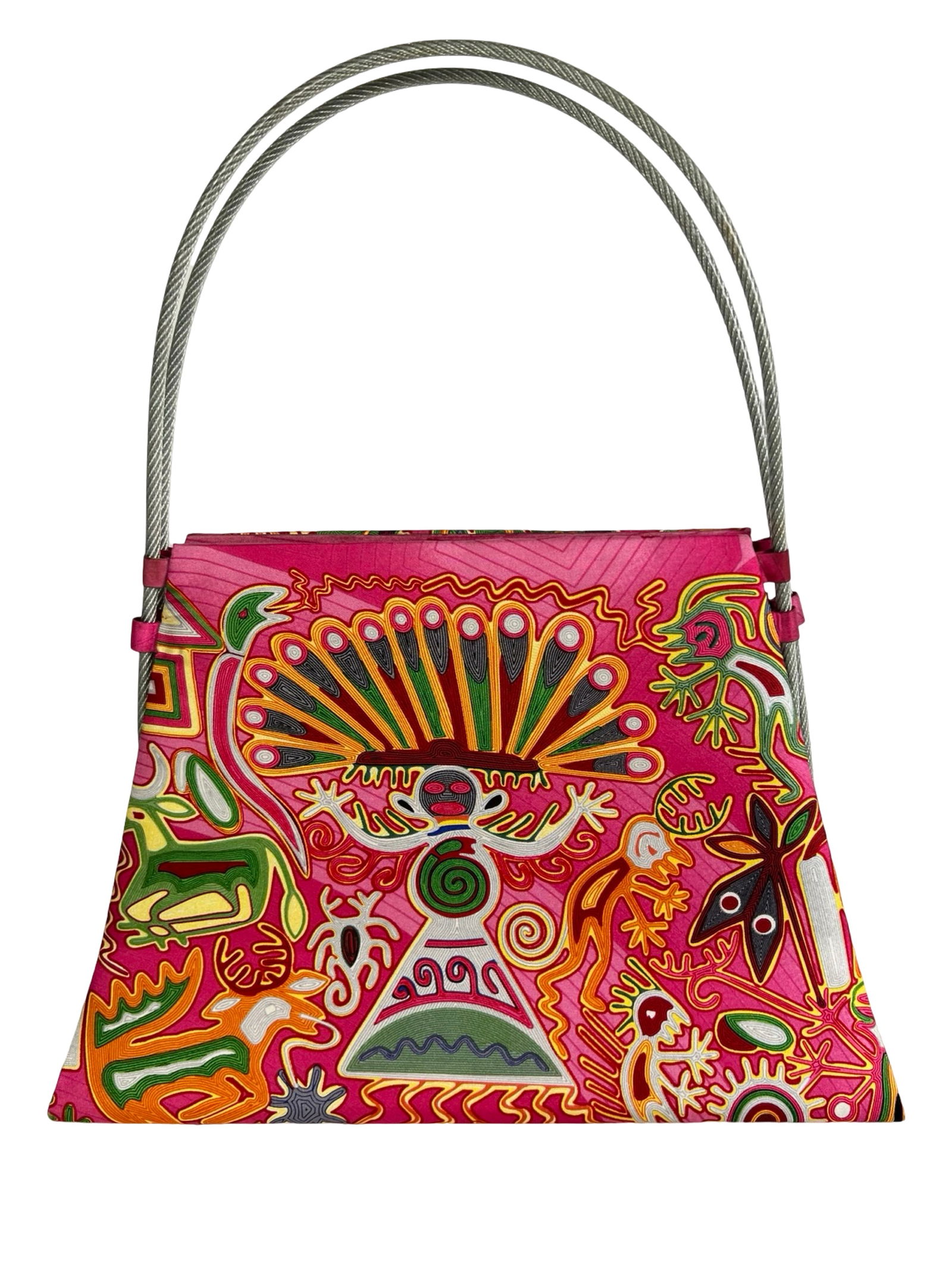Pineda Covalín Vibrant Silk Handbag/ Bag: Striking Pineda Covalín silk handbag featuring a vibrant multicolor design inspired by traditional Mexican motifs. The structured silhouette is complemented by unique double cable handles and detaile
