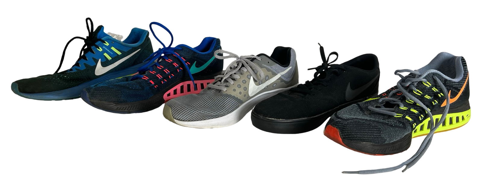 5 Pairs of Men's Nike Sneakers - Mixed Models: Lot of five pairs of men's Nike sneakers in assorted styles and colorways. Two pairs-the black Nike SB and the gray/white Nike Zoom-are size 12. The remaining three colorful running models (including