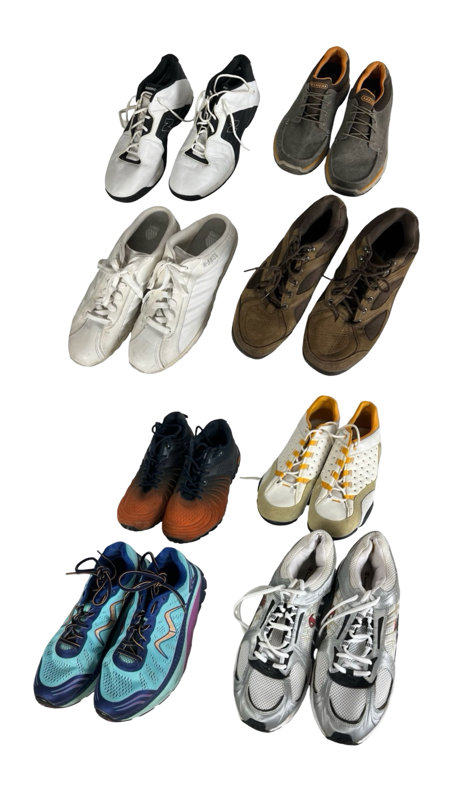 Assortment of Men's Sport Shoes and Sneakers: Large mixed lot of men's athletic and casual sport shoes. The first group includes New Balance brown trail shoes in size 14, Skechers gray casual lace-ups in size 13, K-Swiss white sneakers in size 13