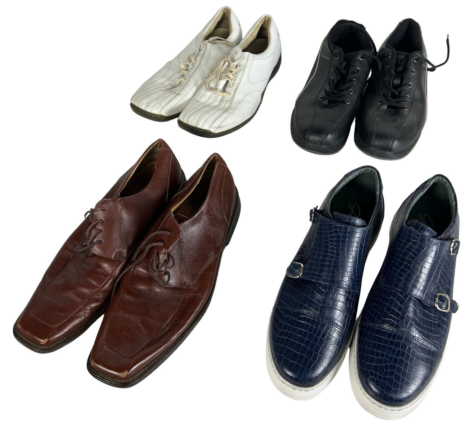 Assortment of Men's Dress & Casual Shoes Sz12-13: Group of four pairs of men's shoes, including blue faux-croc monk-strap shoes in size 13, brown leather dress shoes in size 13, black lace-up casual shoes in size 12, and white casual sport shoes in s