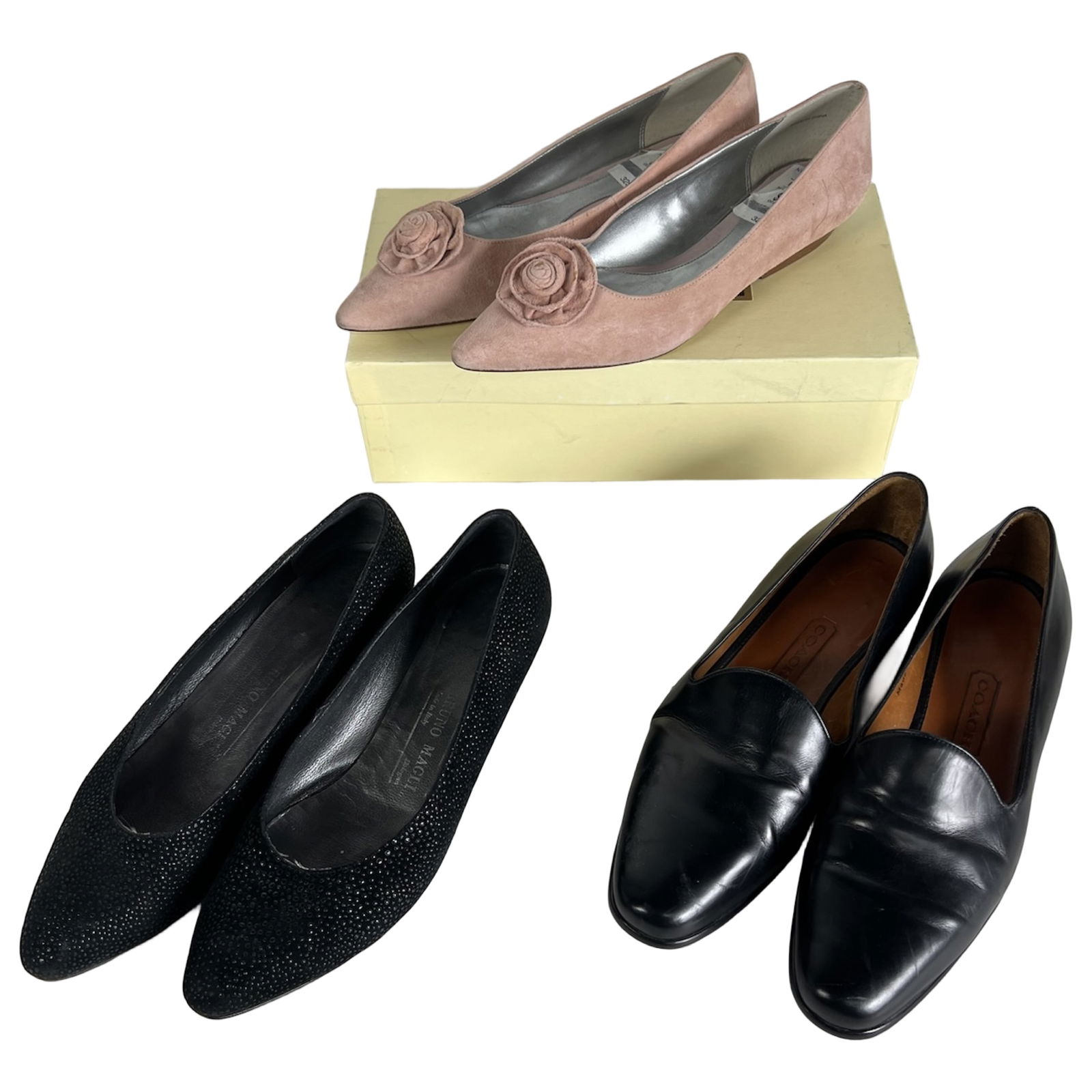 Ladies' Designer Shoes- Bruno Magli, Coach: Assortment of three pairs of ladies' shoes, all size 7.5. Includes black Bruno Magli heels, black Coach leather loafers, and pink suede floral-embellished pumps (with box). All in good pre-loved condi