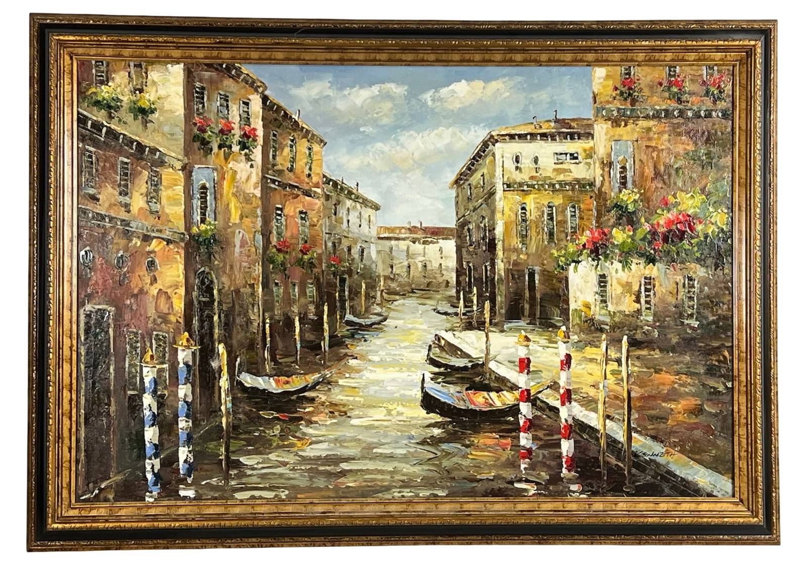 Venetian Canal Scene Oil Painting by Kenneth: Atmospheric oil on canvas painting depicting a classic Grand Canal scene in Venice, rendered with bold impasto technique and rich, warm tones. The composition features gondolas gliding along a sunlit 