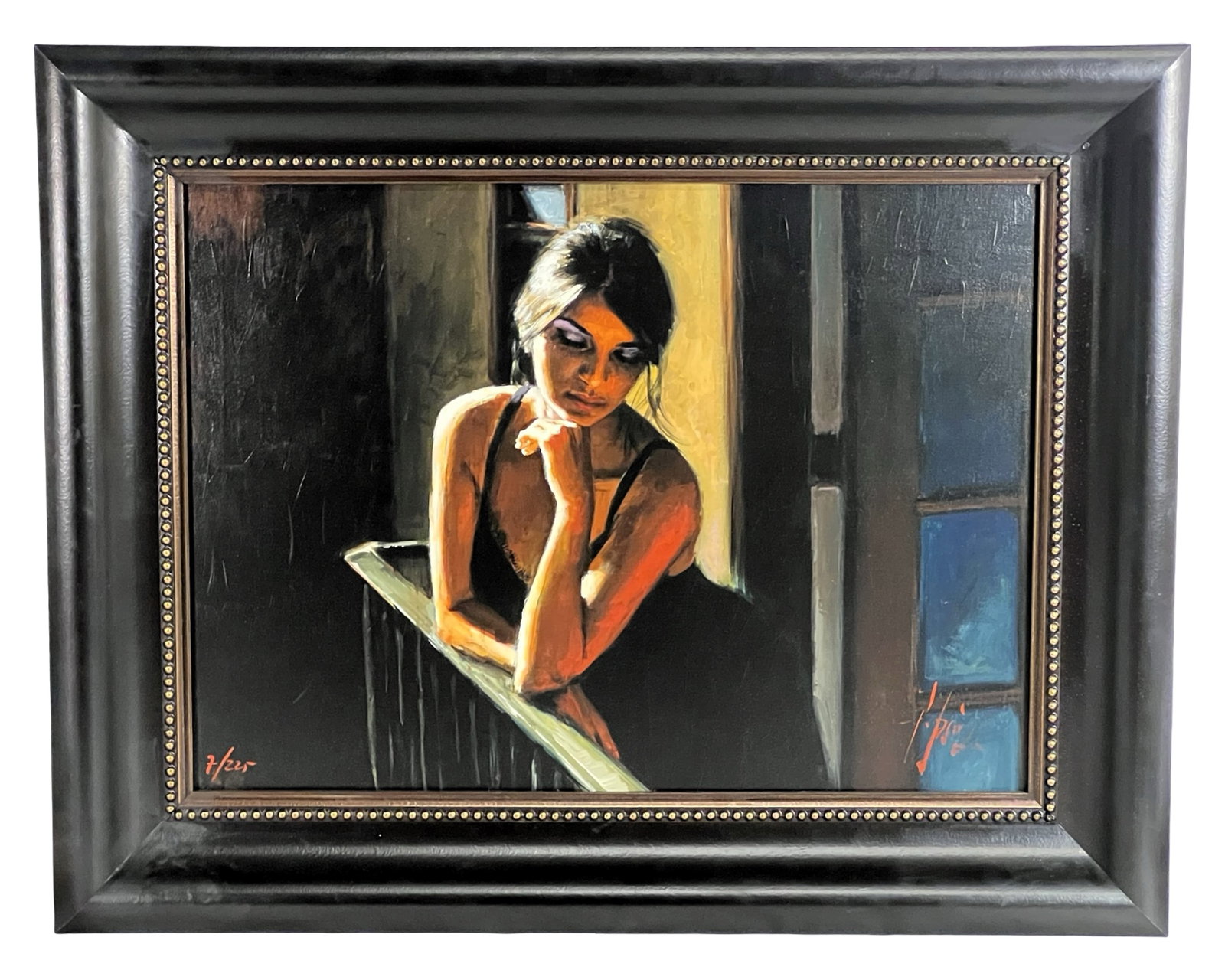 Fabian Perez- LE Giclee "Saba on the Balcony": Striking and atmospheric, this hand-signed and hand-embellished limited edition giclée on canvas by Fabian Perez is titled Saba on the Balcony. Numbered 7 out of an edition of 225, this work captures