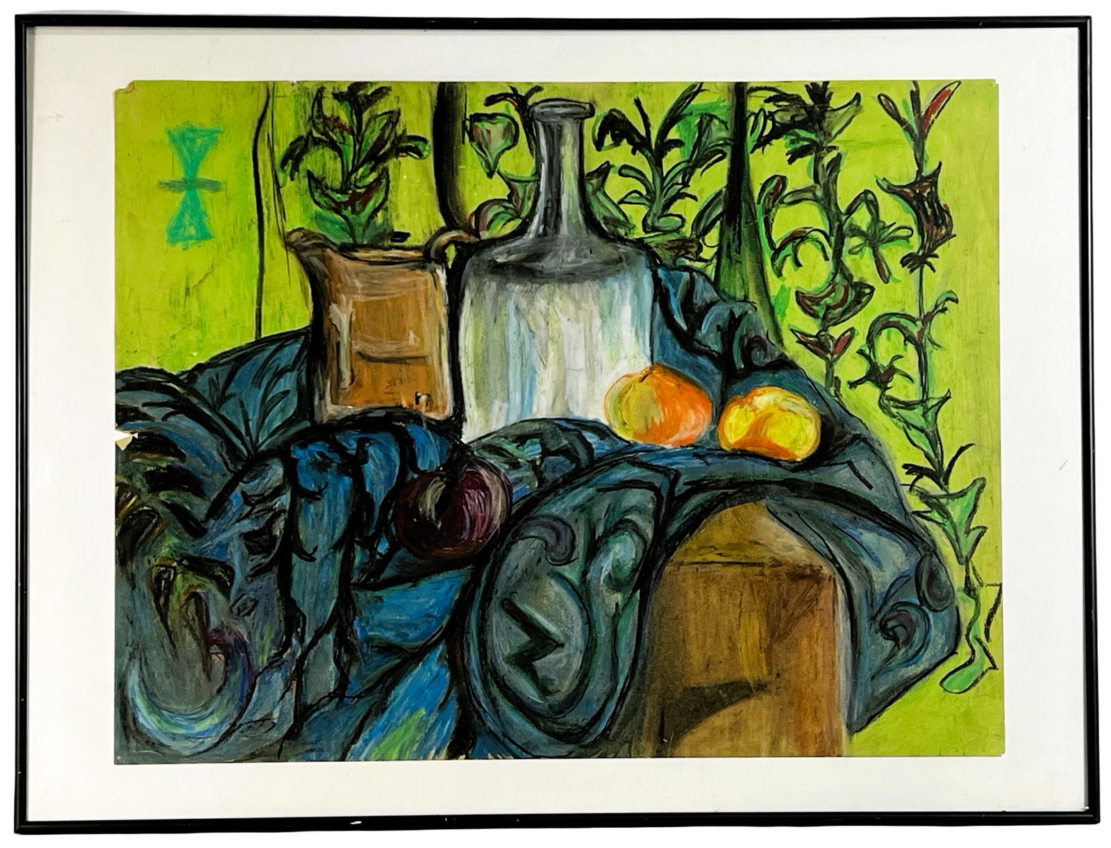 Still Life w/ Fruit & Drapery in Manner of Matisse: Vibrant Mid-Century Modern still life watercolor evocative of the Fauvist style, with bold colors, stylized forms, and a dynamic composition reminiscent of Henri Matisse. A bottle, jug, fruit, and ric