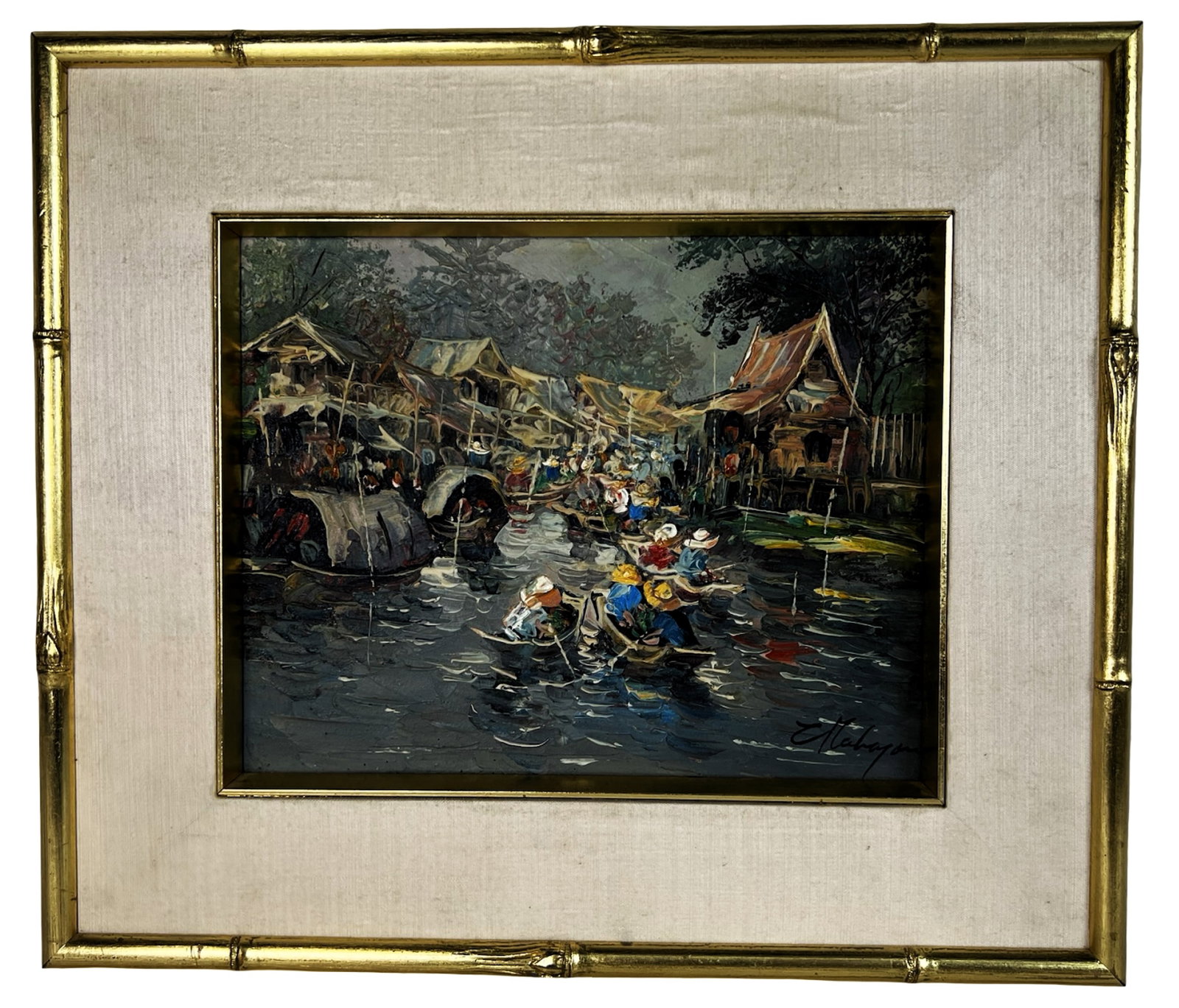 Thai Impressionist Floating Market Oil Painting: Vibrant and energetic oil painting capturing the bustling spirit of a Thai floating market. The scene is alive with figures in traditional hats maneuvering small boats through a lively waterway lined 