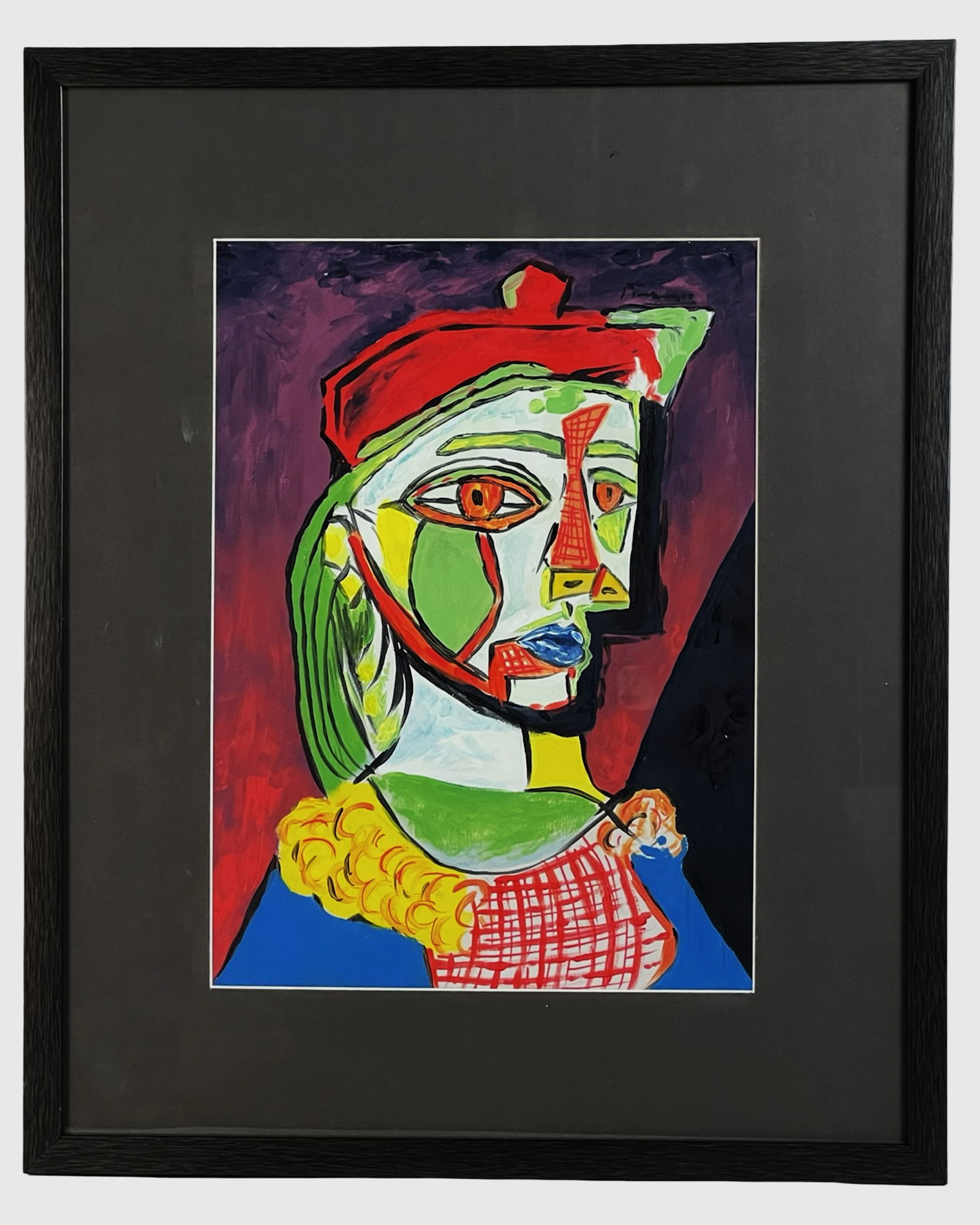 Pablo Picasso (manner) - Woman in Beret Watercolor: Bold and expressive watercolor portrait in the Cubist style, reminiscent of Pablo Picasso's 1937 Femme au béret et à la robe quadrillée (Woman in a Beret and Checked Dress). This vibrant compositio
