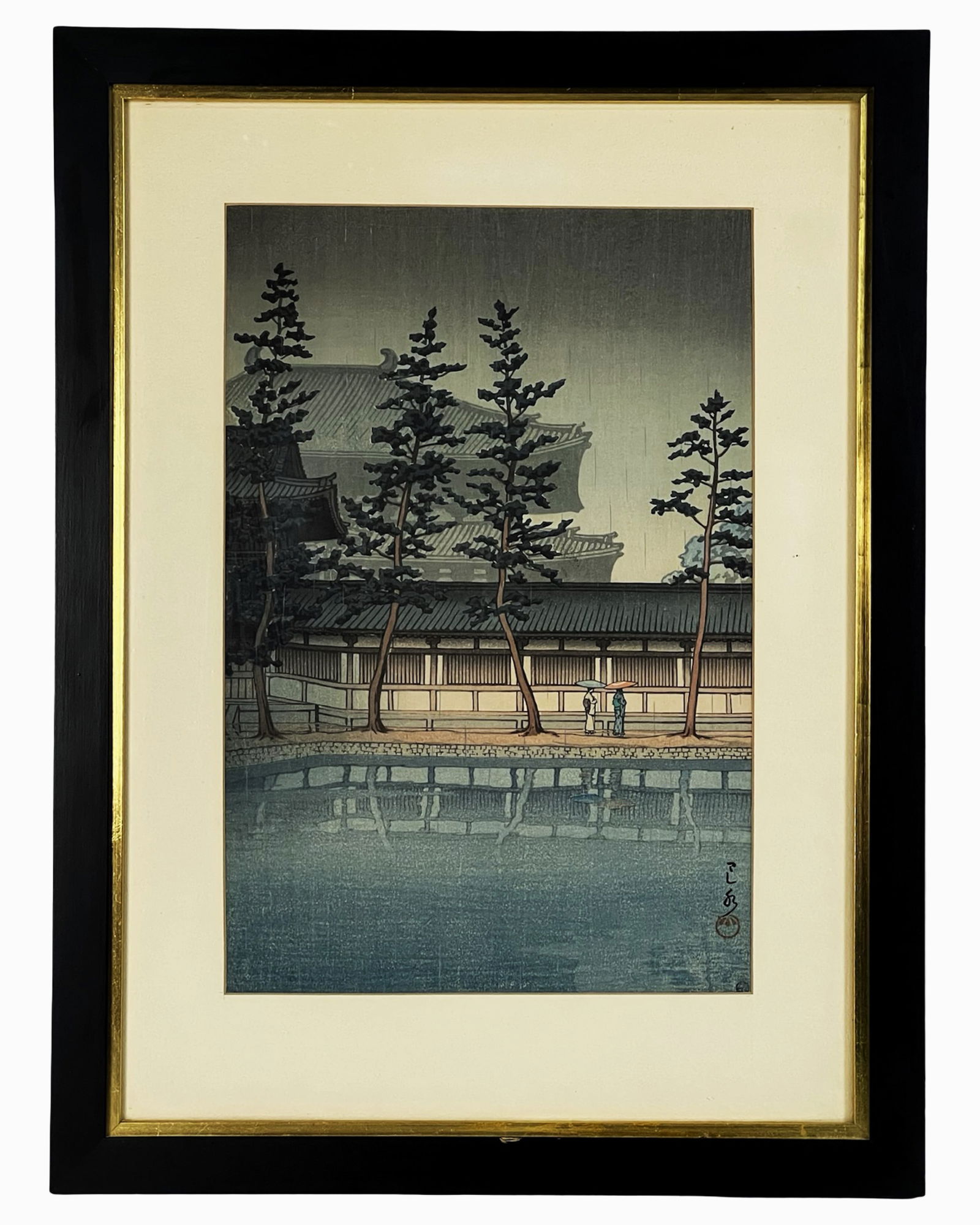 Kawase Hasui - Daibutsuden, Nara Woodblock Print.: A serene woodblock print titled Daibutsuden, Nara, by renowned Japanese shin-hanga artist Kawase Hasui. The composition captures a peaceful moment outside the Great Buddha Hall of Todai-ji Temple in N