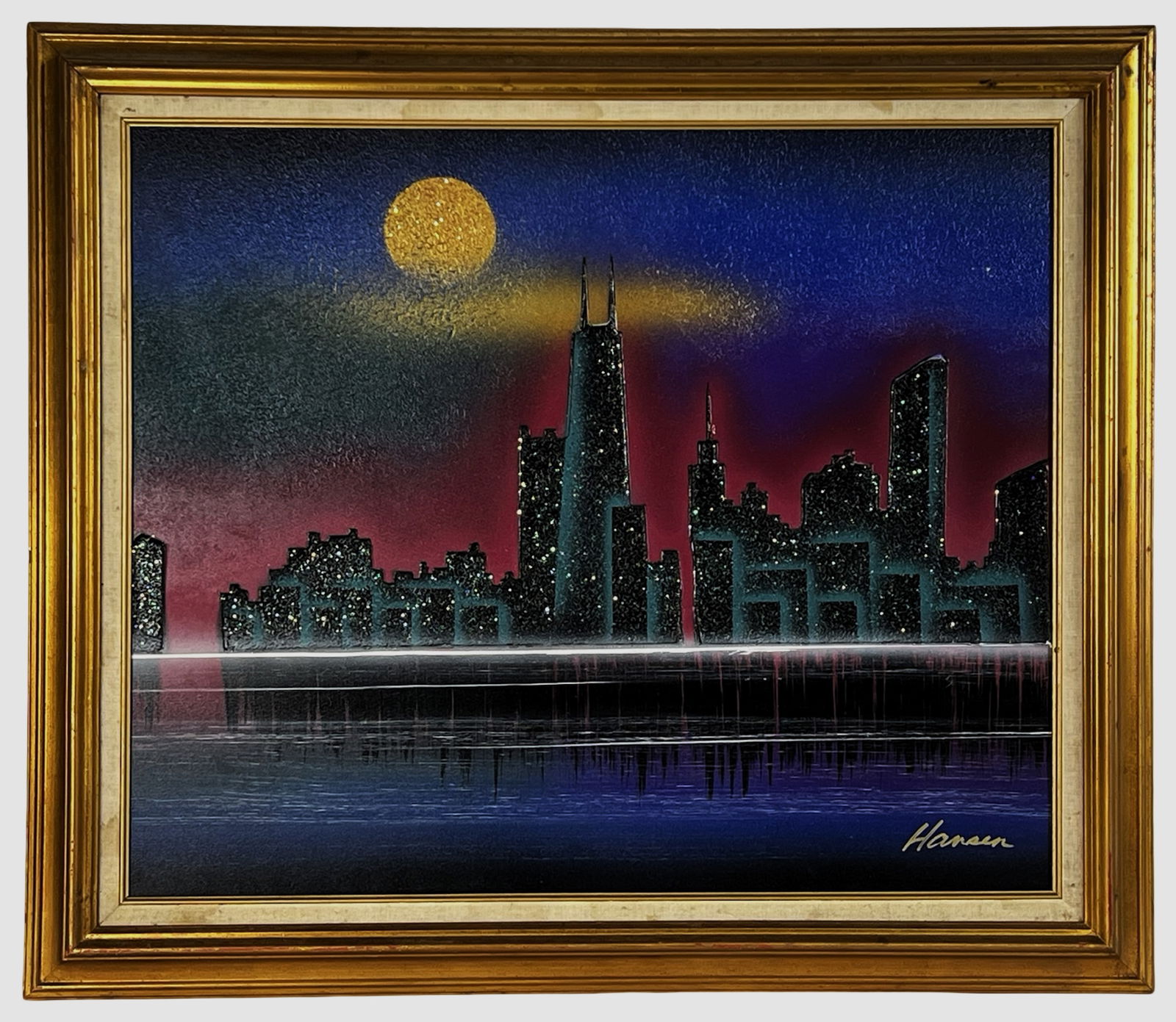 Chicago Nighttime Cityscape Mixed Media Painting (1 of 3)