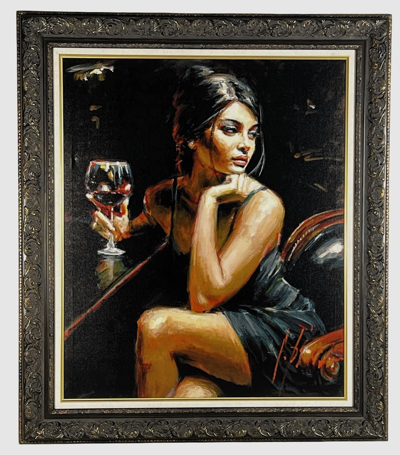 Fabian Perez "Saba with Glass of Wine" Giclee: Dramatic and sultry, this large-format giclee by renowned Argentine artist Fabian Perez captures a moment of quiet allure as a woman contemplates her glass of wine in a moody, dimly lit setting. With