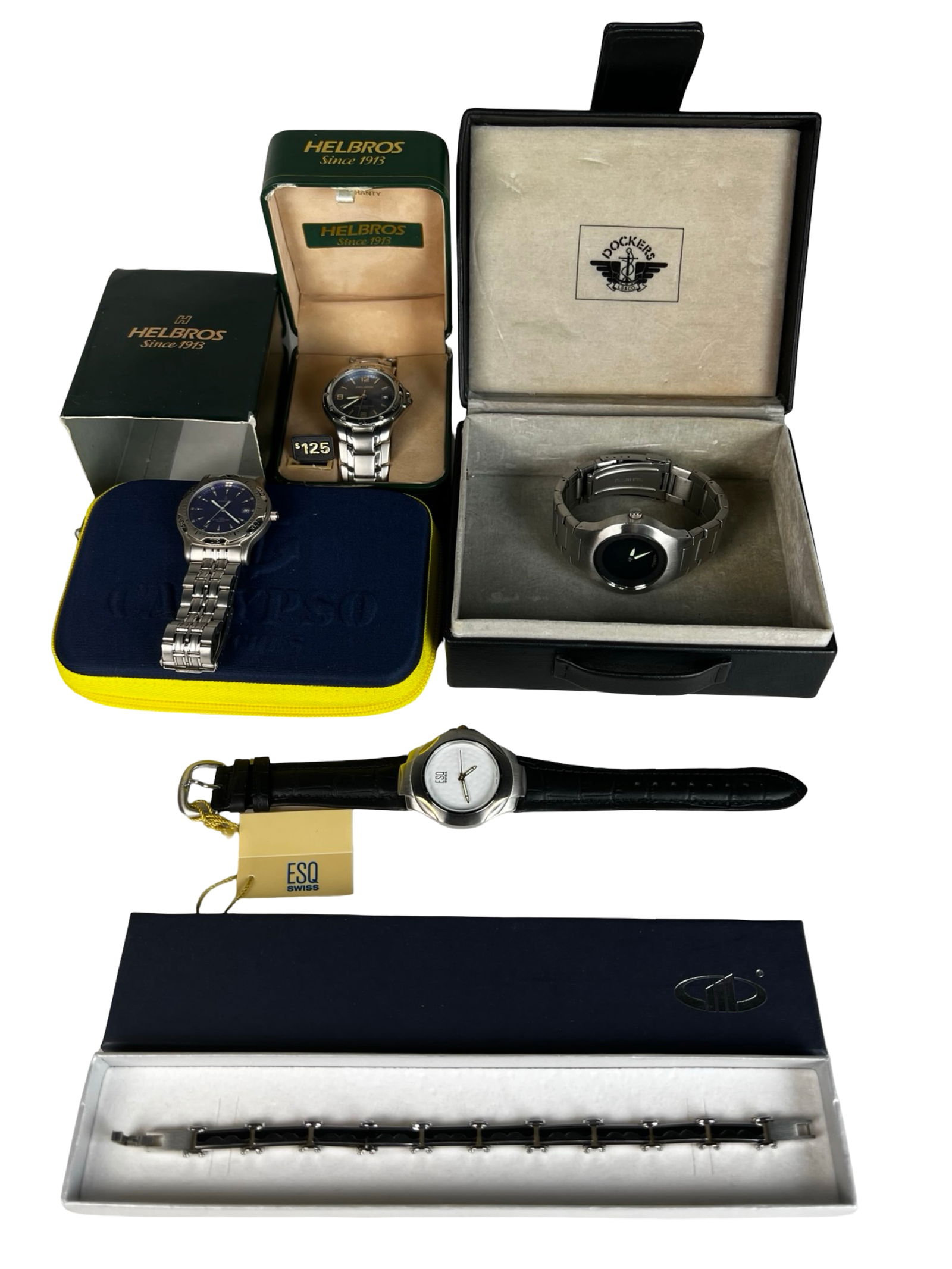 Men's Wristwatches with Boxes - Helbros, ESQ Swiss: A diverse collection of men's wristwatches featuring brands including Helbros, ESQ Swiss, Calypso, and Fossil. This lot also includes a sleek metal bracelet presented in its original box, and a Docker