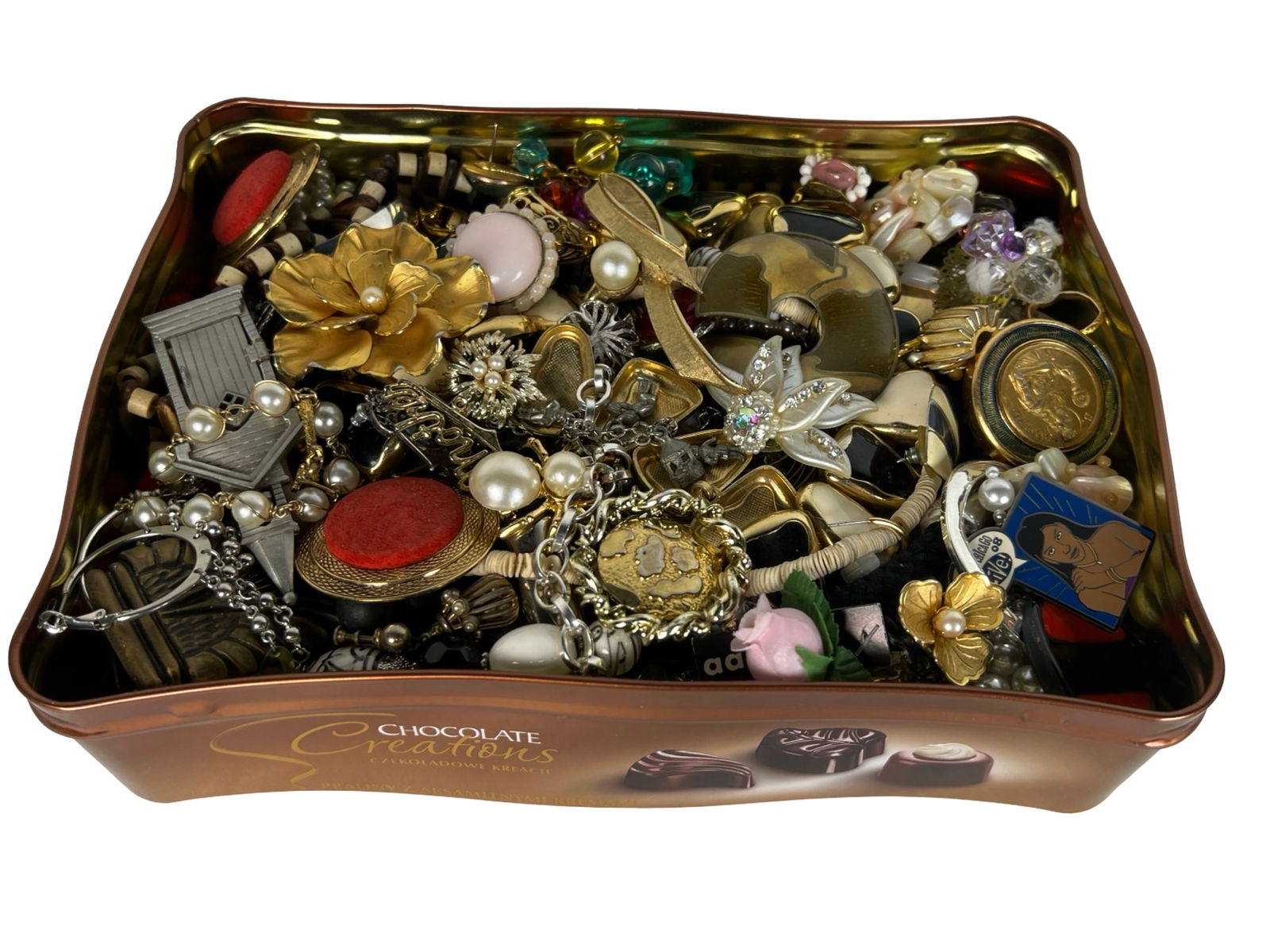 Tin Filled with Unsearched Craft Jewelry: Large tin packed with a wide assortment of unsearched vintage and modern costume jewelry, ideal for crafting, resale, or treasure hunting. The box includes bangles, beaded strands, faux pearls, brooch