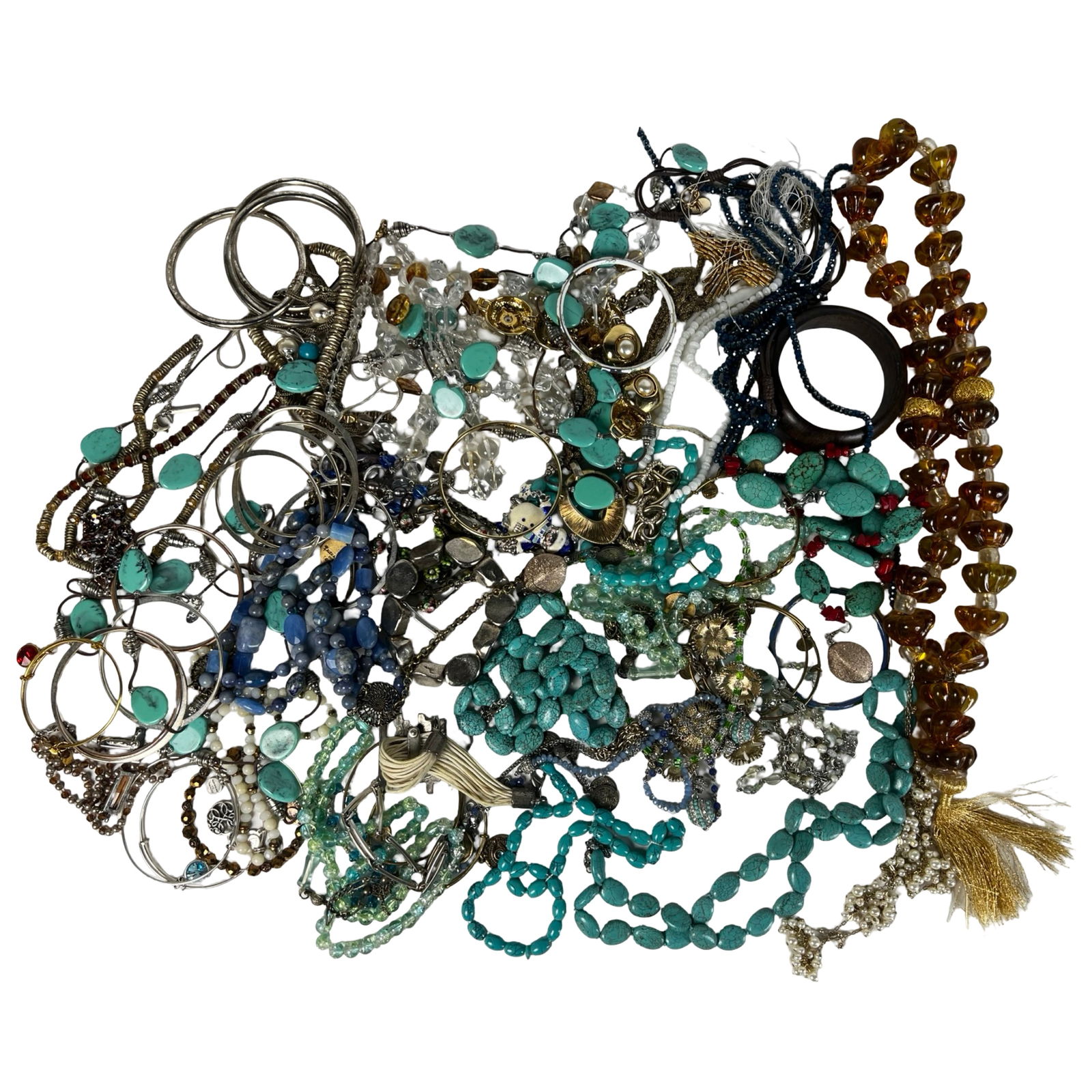 Assortment of Vintage & Modern Costume Jewelry: Mixed lot of costume jewelry, featuring a vibrant array of bangles, beaded necklaces, charm bracelets, earrings, and statement pieces in various materials and finishes.