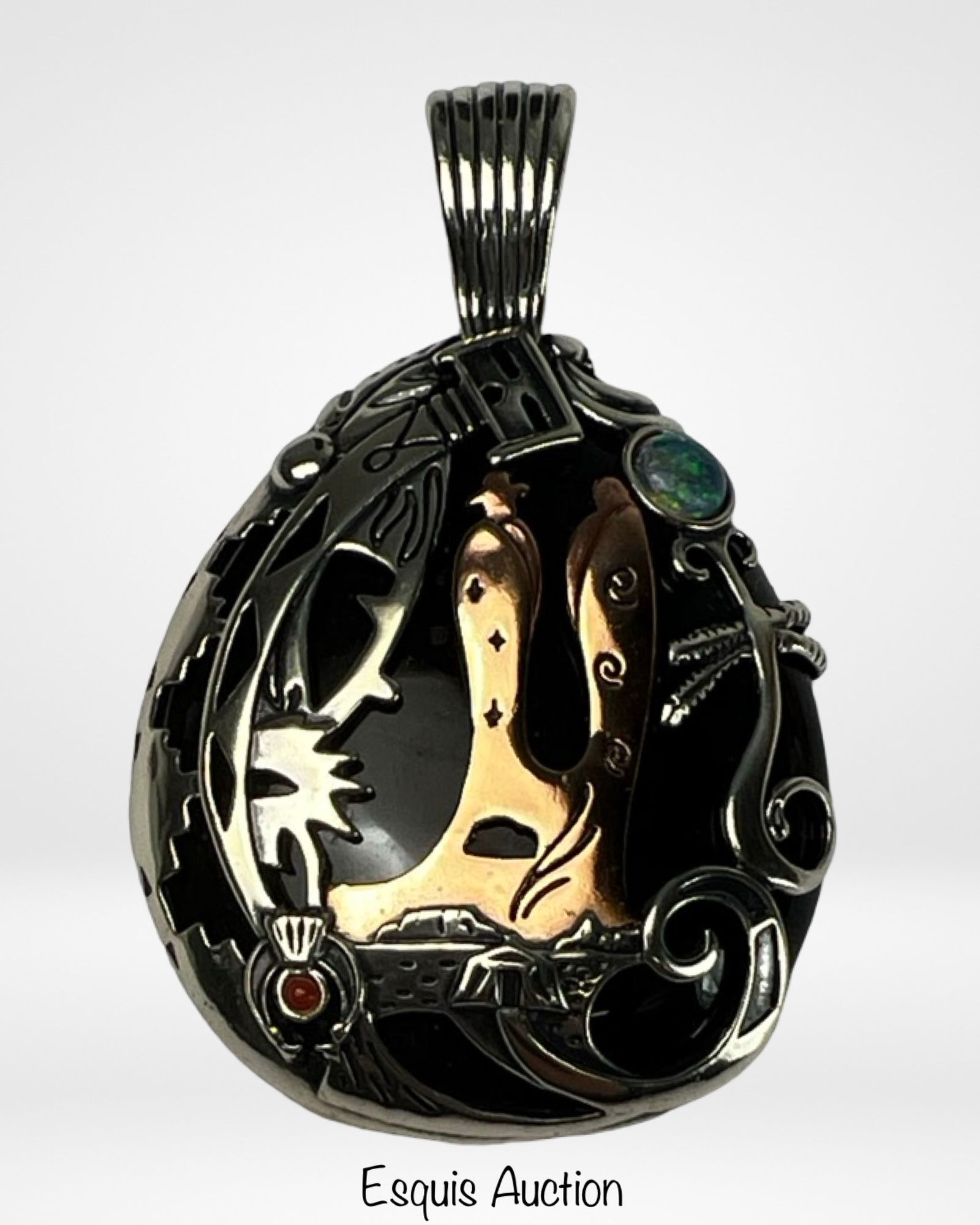 Fritz Casuse- Brass, Bronze & Sterling Pendant: Striking artisan pendant by award-winning Navajo jeweler Fritz Casuse, showcasing an intricate blend of sterling silver, bronze, and brass with symbolic mixed-metal relief imagery on both sides. Both