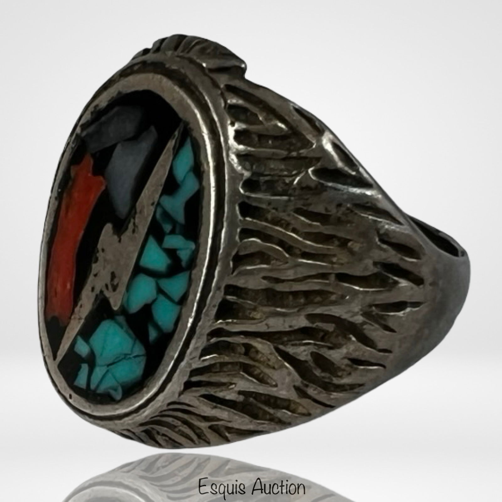 Zuni Sterling Silver Inlay Ring- Turquoise, Coral (1 of 4)