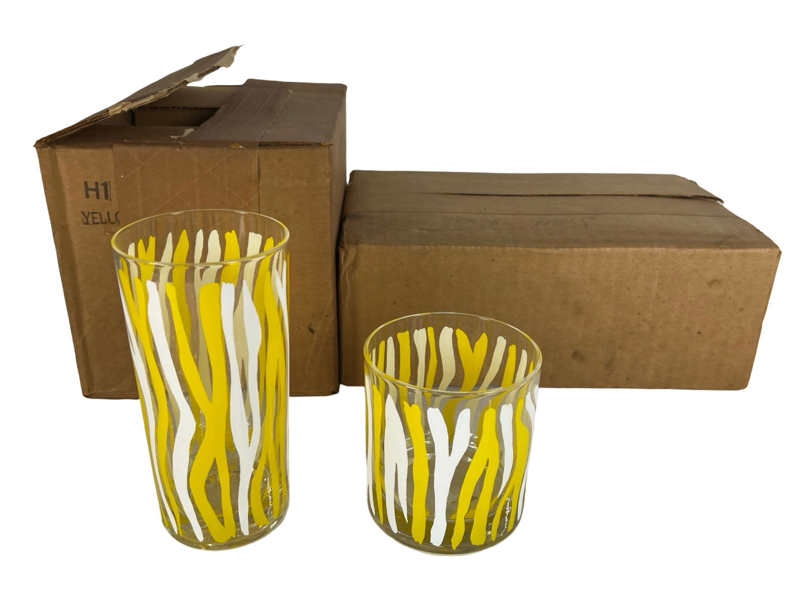 MCM Georges Briard Yellow & White Stripe Glass Set (1 of 4)