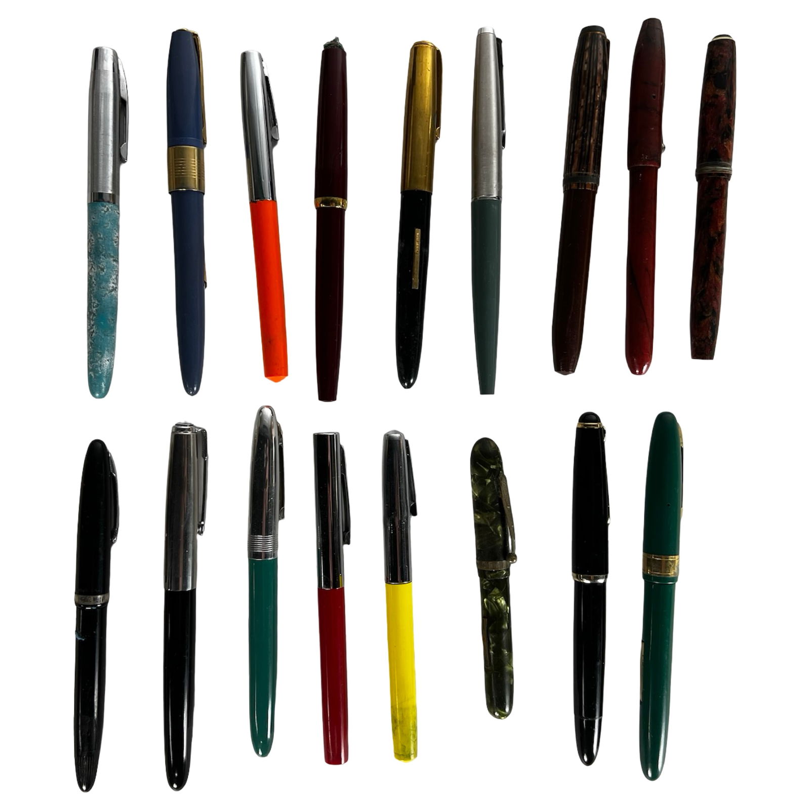 Vintage Fountain Pen Collection - Assorted Styles: A varied collection of vintage fountain pens in assorted colors, shapes, and nib styles, ideal for restoration, parts, or display. Includes multiple hard-to-find designs with caps and nibs in various