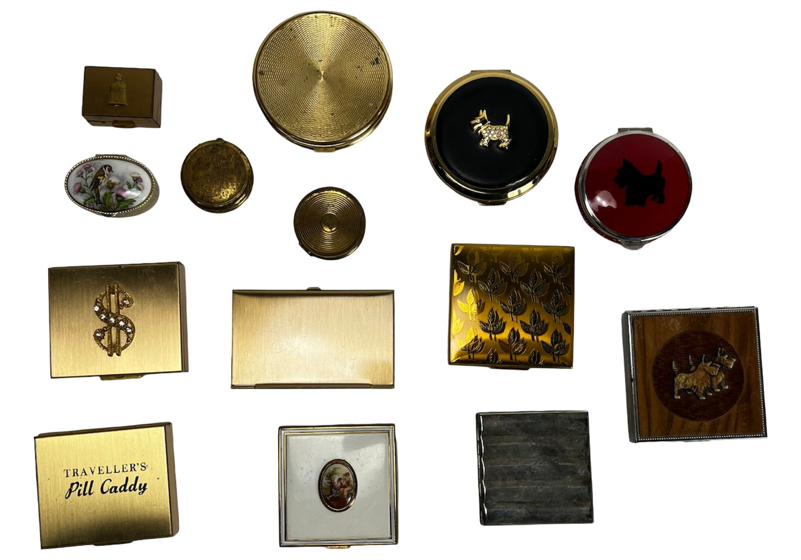 Vintage Powder Compacts & Pill Boxes: Assorted lot of vintage powder compacts and pill boxes featuring a variety of shapes, finishes, and decorative designs.