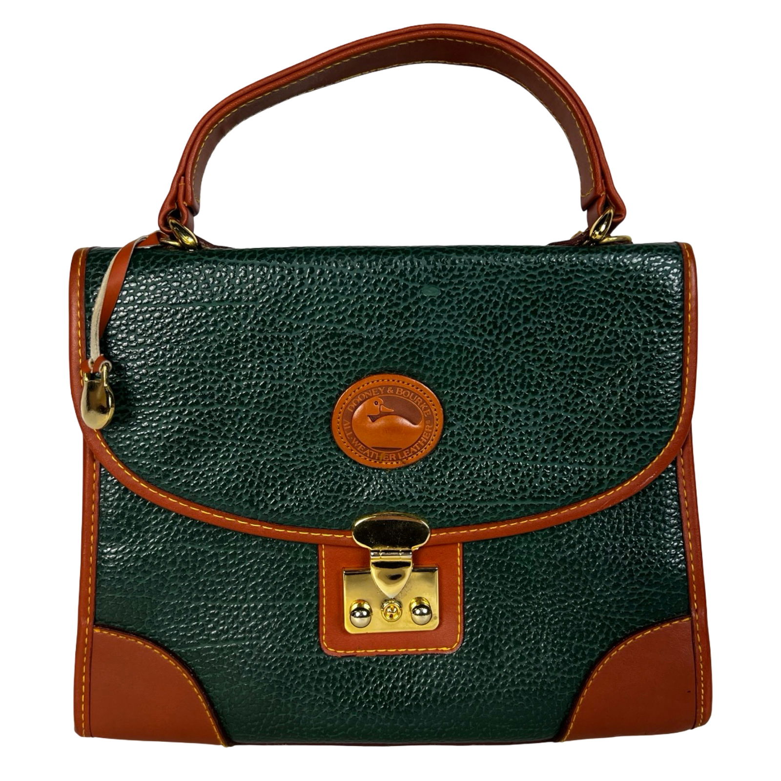 Dooney & Bourke All-Weather Leather Satchel Bag: Classic Dooney & Bourke satchel crafted in rich green All-Weather Leather with tan trim and gold-tone hardware. Features a structured top-handle silhouette, front turn-lock closure, and rear slip pock
