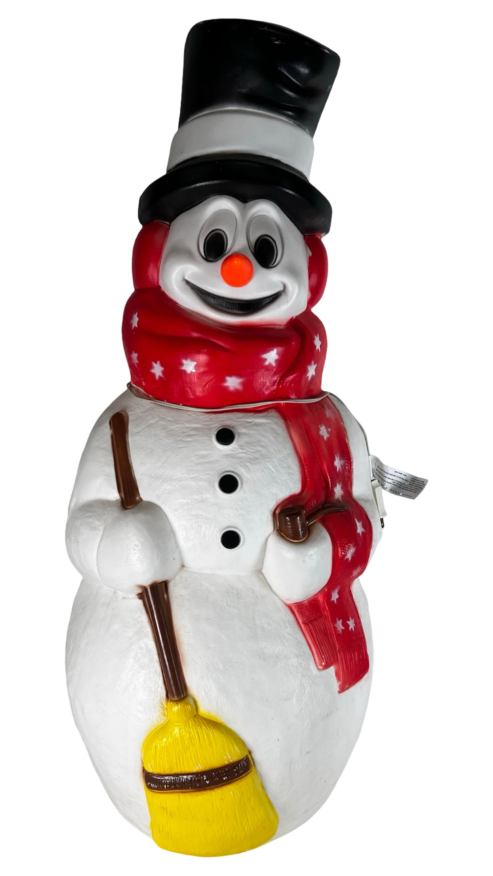 Frosty the Snowman Blow Mold- General Foam Plastic: Vintage Frosty the Snowman blow mold by General Foam Plastics, featuring the classic black top hat, red scarf with white stars, broom, and cheerful smiling face. A recognizable mid- to late-20th centu