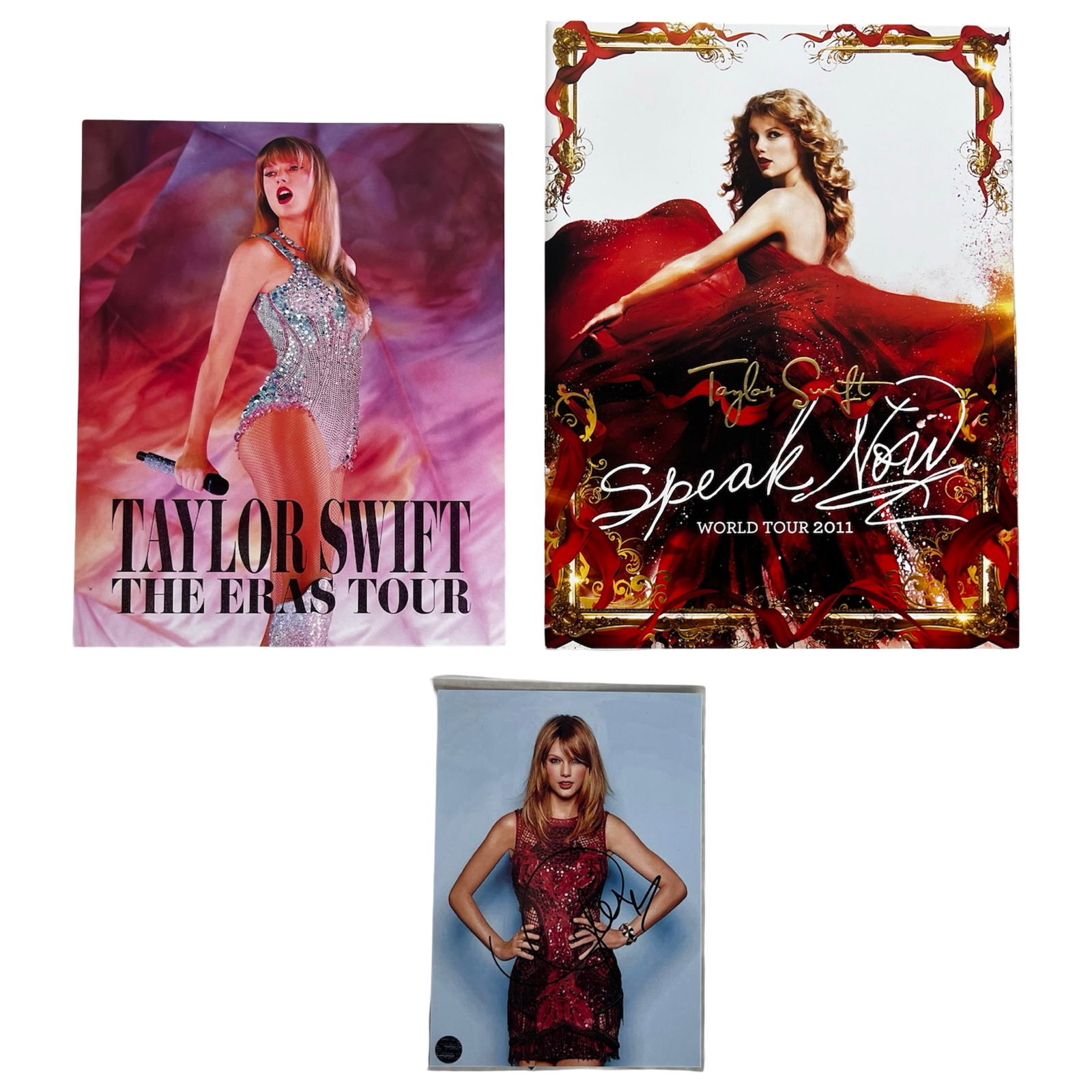 Taylor Swift Signed Photograph w/ Posters: Embrace the magic of Taylor Swift with this exquisite Taylor Swift Collection. Included are a Signed 8"x10" Photograph capturing Swift's iconic presence, a "Eras Tour" film first-night giveaway poster