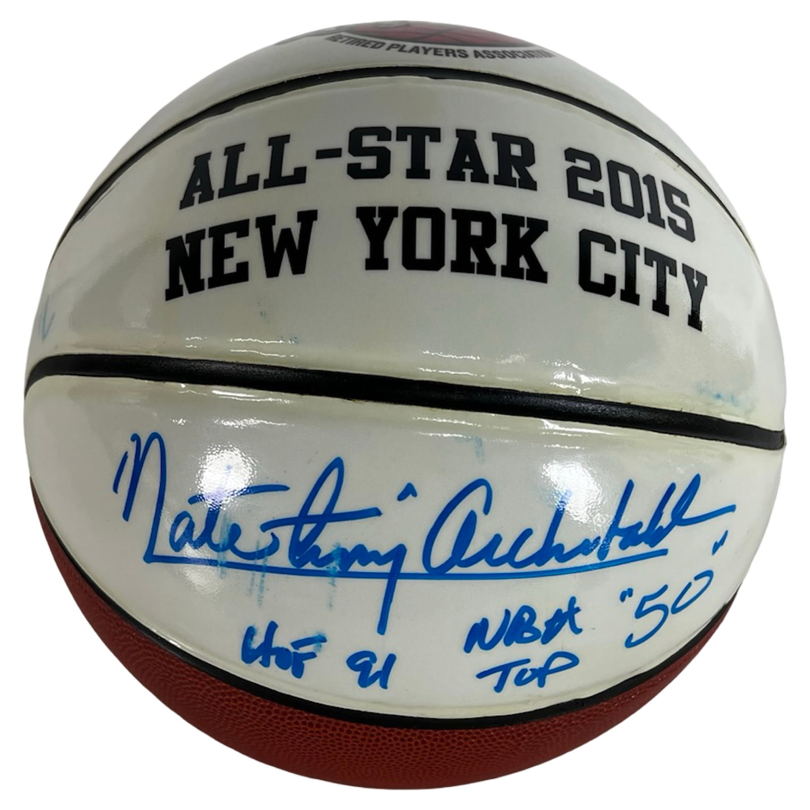 Rick Barry & Nate Tiny Archibald Signed Basketball: Official 2015 NBA All-Star basketball from New York City, hand-signed by Hall of Famers Rick Barry and Nate "Tiny" Archibald. Both players have added inscriptions highlighting their legendary careers-