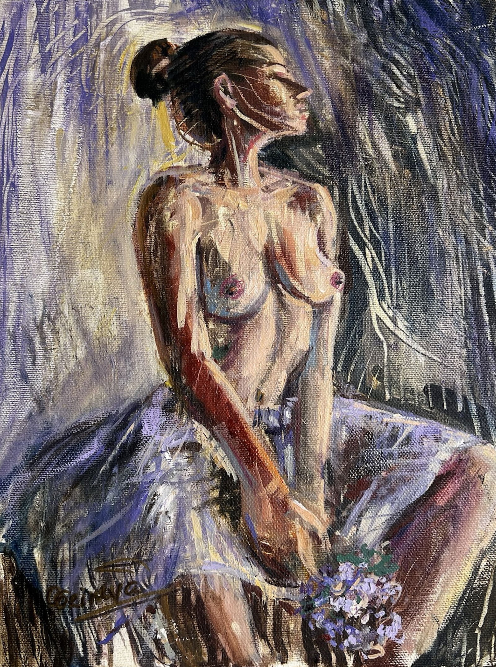 Oksana Grineva - Contemporary Erotic Nude Painting: Sensual and expressive, this original oil painting by Ukrainian-born artist Oksana Grineva depicts a semi-nude woman in profile, seated with a soft bouquet in hand. The bold brushwork and use of light