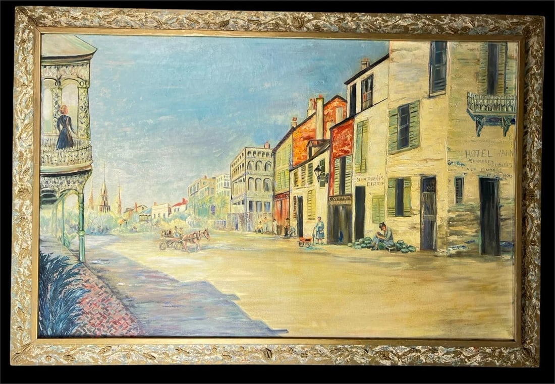 Diego Rivera (manner)- Spanish Street Painting: Vibrant and richly detailed, this monumental oil painting captures a bustling Spanish Colonial street scene, rendered in bold strokes and vivid hues evocative of early 20th-century Mexican muralism. T