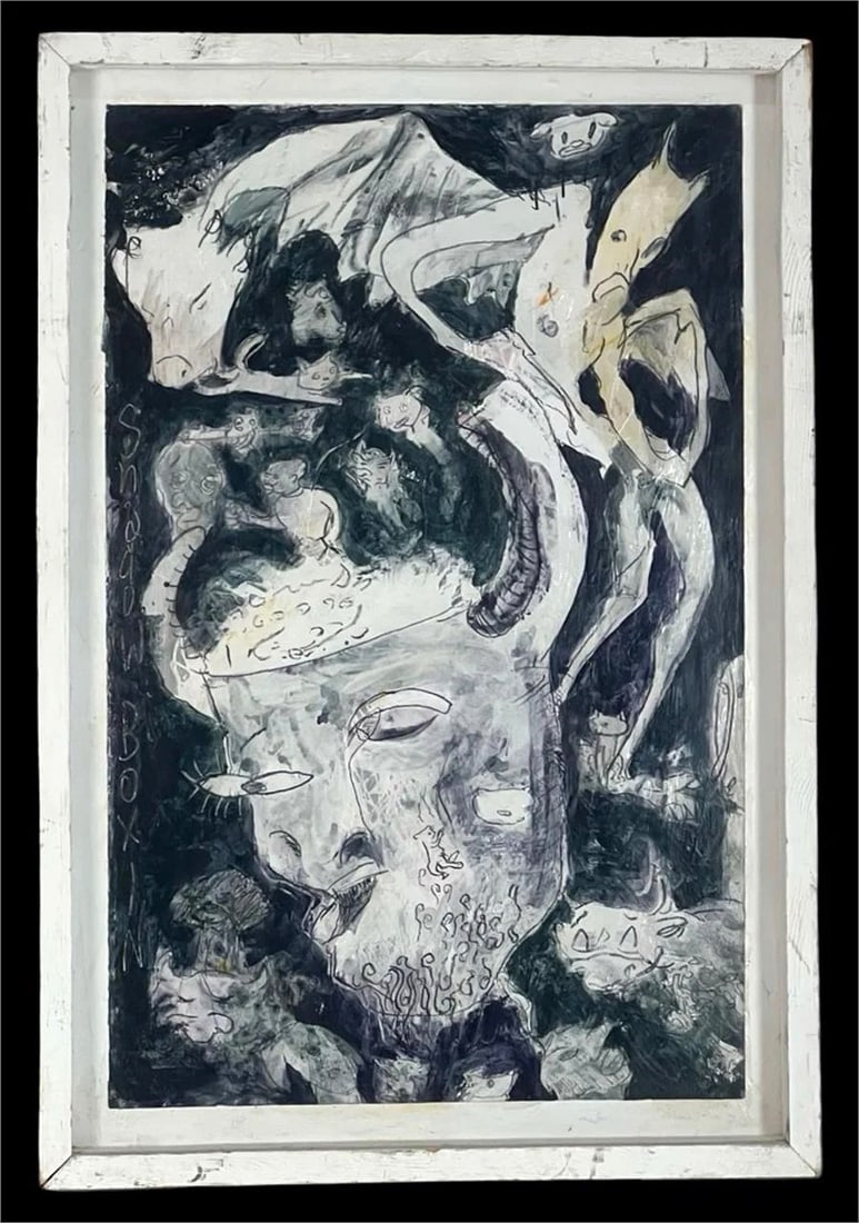 Art Brut Surrealist MIxed Media Painting: An evocative and dreamlike mixed media composition titled Shadow Boxin, inscribed along the left margin. Executed in moody black, white, and muted earth tones, the piece presents a surreal tableau of 