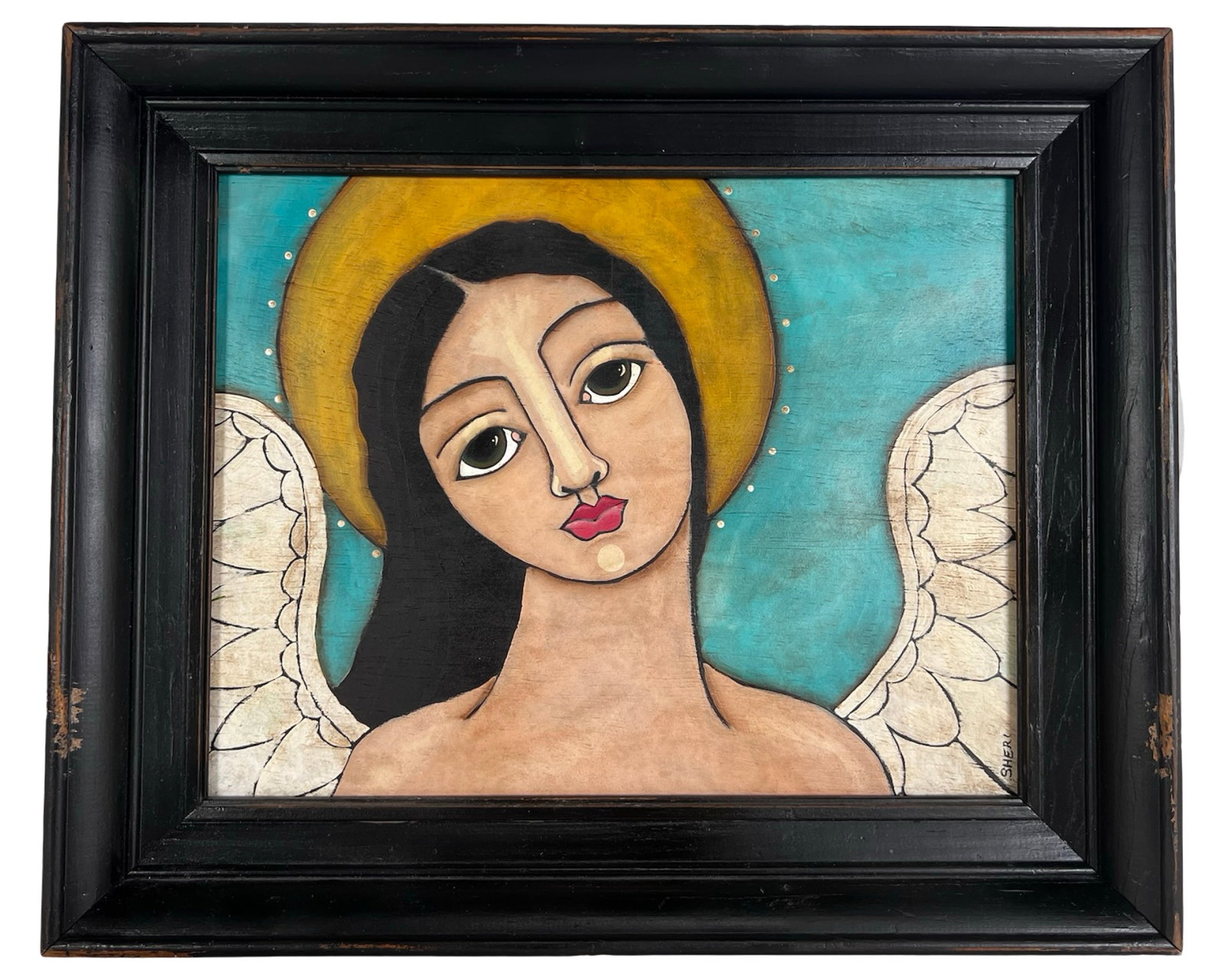 Sheri Smederovac - Folk Art Angel Painting on Wood: Charming original folk art painting by American artist Sheri Smederovac, depicting a stylized angel with wide soulful eyes, flowing black hair, a golden halo, and delicate wings against a serene turqu