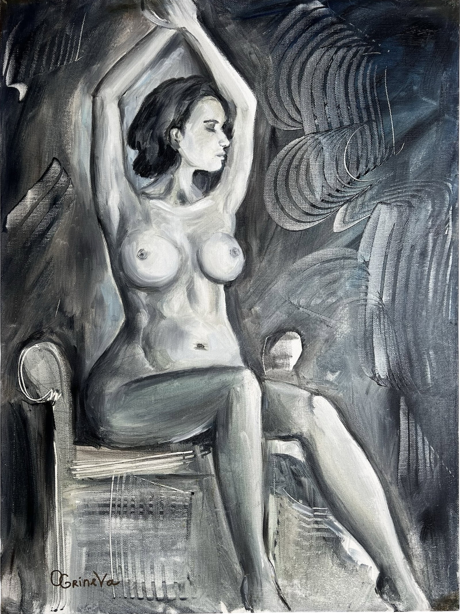 Oksana Grineva - Erotic Sensual Nude Oil Painting: Striking oil painting by Oksana Grineva, signed lower left and titled "Attire Absent" on verso. The monochromatic palette highlights a nude female figure seated with arms stretched overhead, rendered 