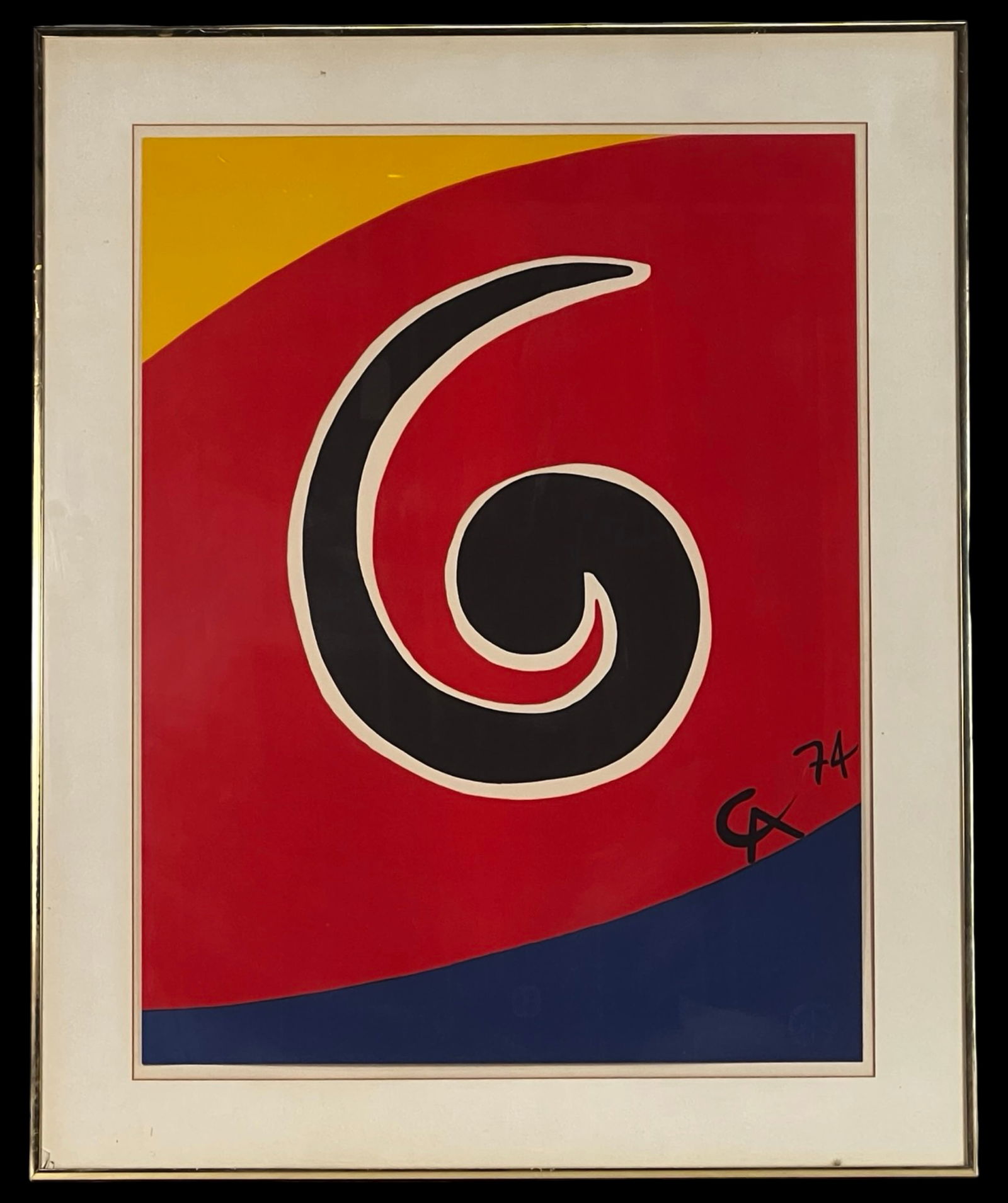 Alexander Calder "Sky Swirl" 1974 Lithograph: Bold and iconic offset lithograph titled Sky Swirl by legendary American artist Alexander Calder (1898-1976), created in 1974 for Braniff International Airways as part of their visionary Flying Colors