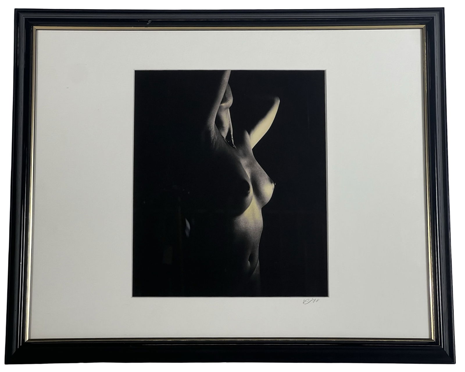 Gelatin Silver Nude Study Photograph, Signed '88: Striking black-and-white gelatin silver print of a female nude torso, rendered with masterful use of light and shadow to emphasize form and texture. The subject is captured in an elegant and minimalis