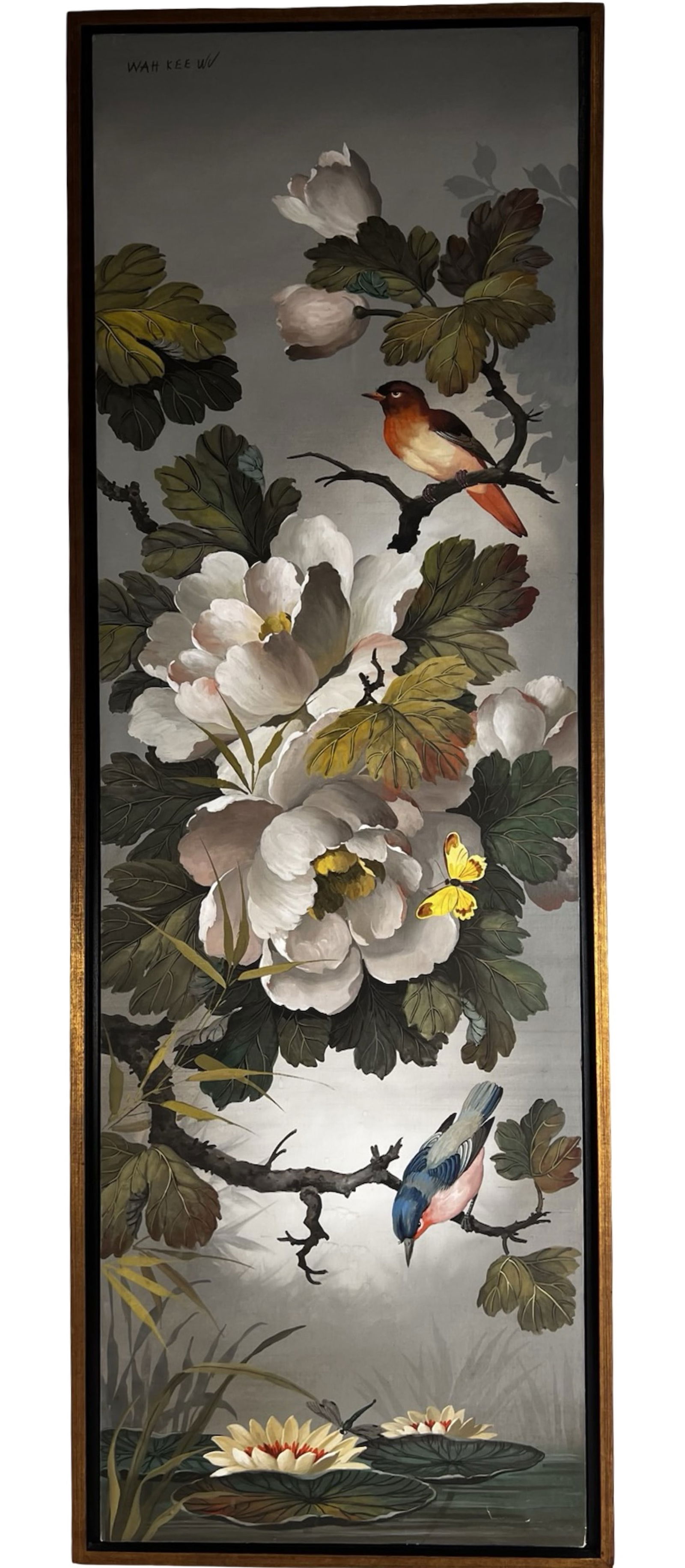 Wah Kee Wu Chinese Silk Painting- Birds & Flowers: Delicate and richly detailed silk painting by Wah Kee Wu, depicting two birds perched among blooming peonies and lush foliage, with butterflies fluttering nearby and lotus blossoms floating below. Ren