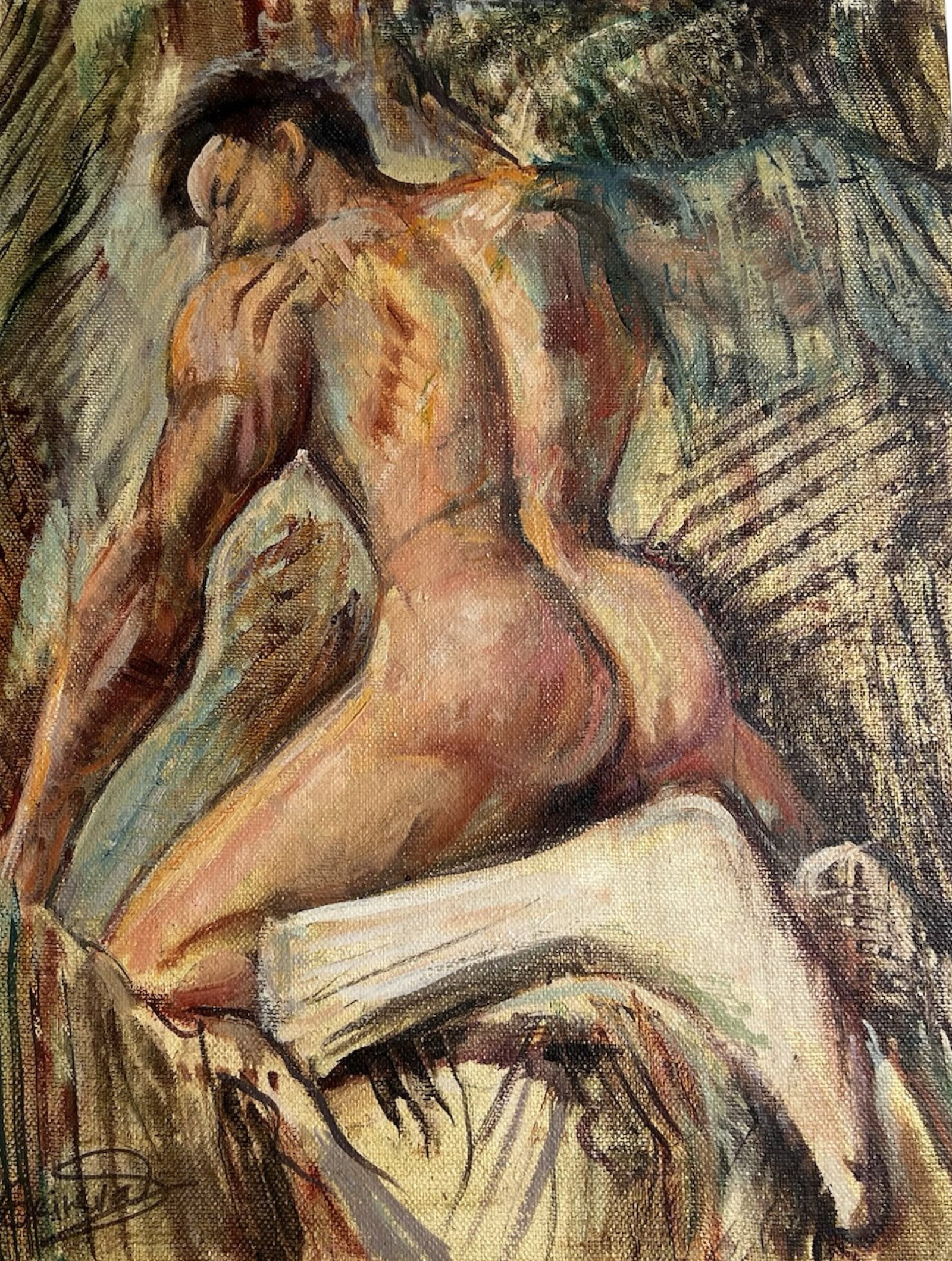 Oksana Grineva - Erotic Nude Male Oil Painting: Striking and sensual oil painting depicting a muscular nude male figure with expressive brushwork and textural depth. The composition blends realism and abstraction, emphasizing anatomical form and em