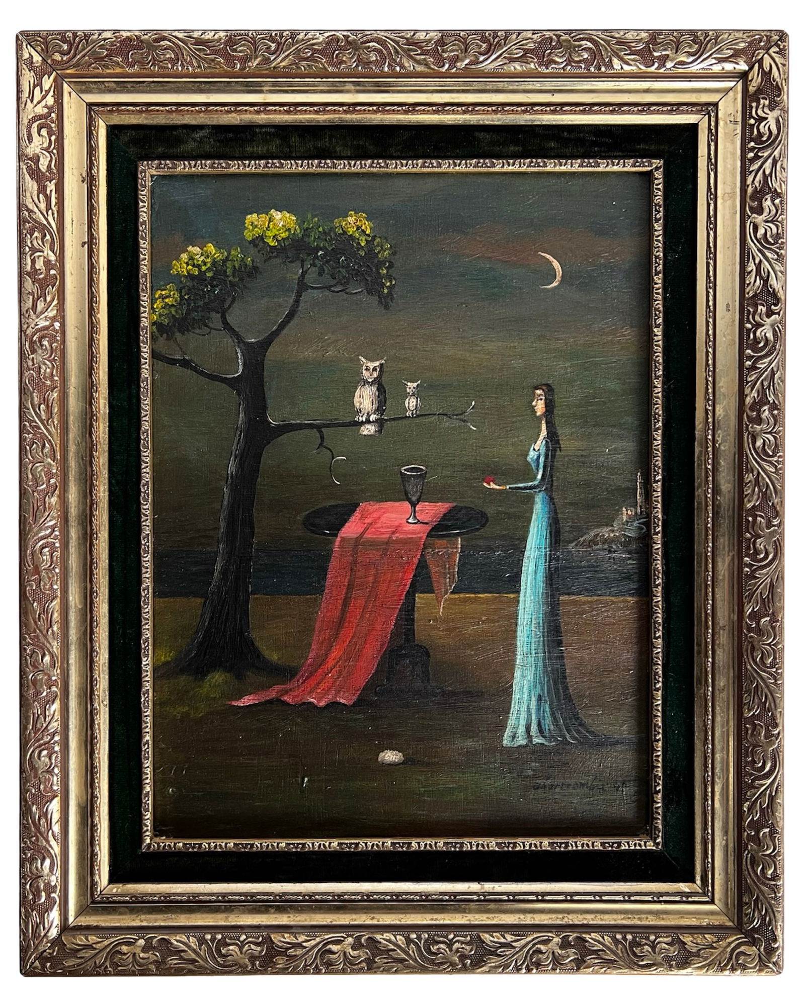 Gertrude Abercrombie (Attrib)- Surrealist Painting: A haunting and poetic oil painting attributed to renowned American surrealist Gertrude Abercrombie, signed lower right and dated '47. Set in a shadowy landscape under a crescent moon, the composition