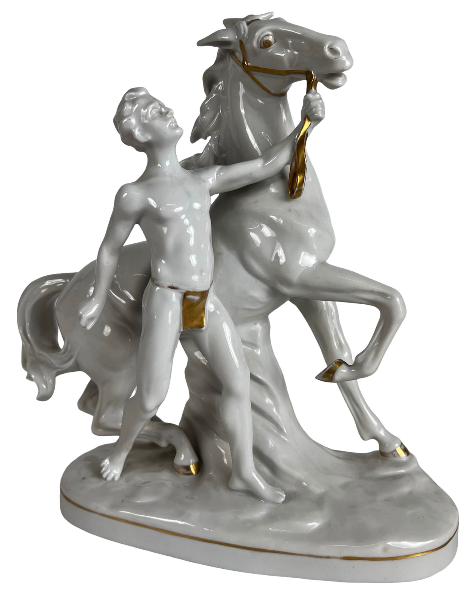 Carl Scheidig Grafenthal- Man w/ Horse Porcelain F: German porcelain figurine by Carl Scheidig for Grafenthal, depicting a classical scene of a nude male figure posed alongside a rearing horse. The sculptural composition emphasizes movement and balance