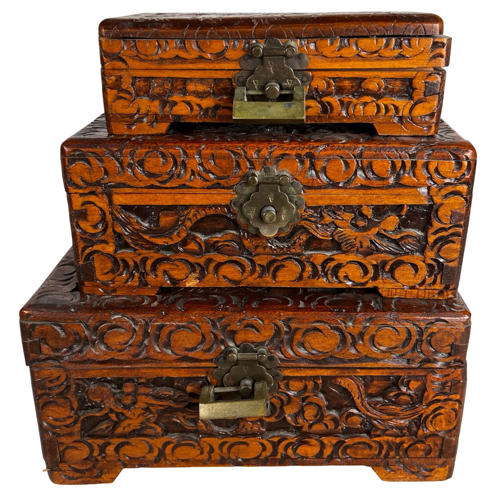 Chinese Carved Camphor Wood Boxes with Brass Locks (1 of 3)