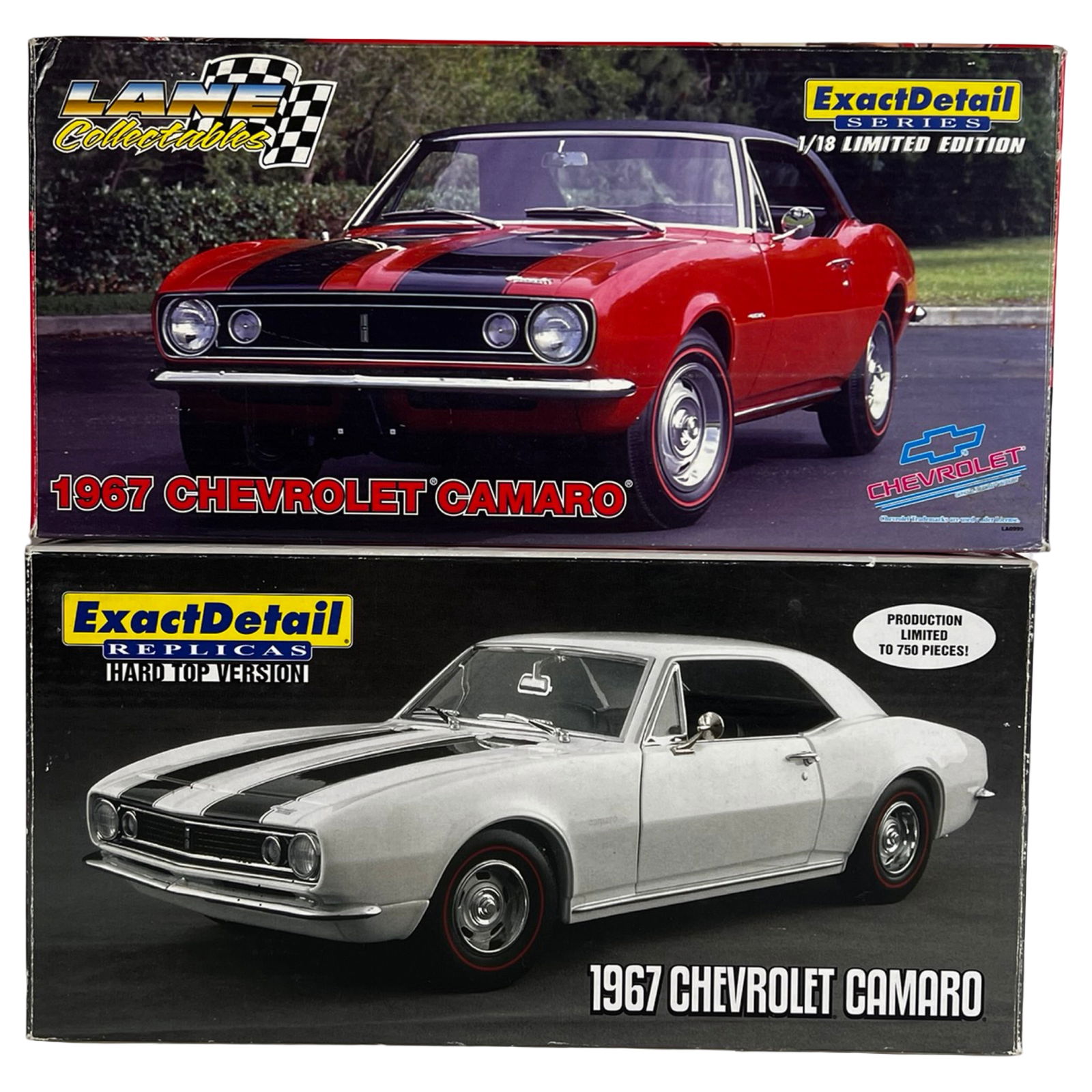 Lane Exac tDetail 1967 Chevrolet Camaro Die-Cast: Two highly detailed 1:18 scale die-cast replicas of the 1967 Chevrolet Camaro Z/28 produced by Lane Collectibles under the ExactDetail Replicas line. One model features a striking red finish with blac