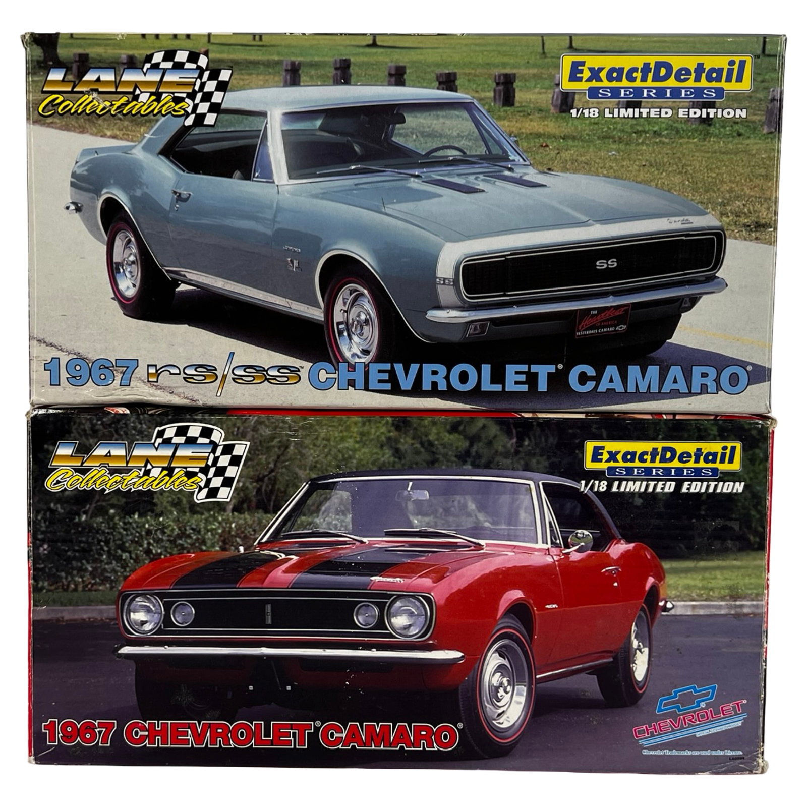 Lane Exact Detail 1967 Chevrolet Camaro Die-Cast: This lot features two high-quality 1:18 scale die-cast replicas from Lane Collectibles' Exact Detail Series. The blue model is a 1967 Chevrolet Camaro RS/SS hardtop, numbered 1061 out of a limited edi