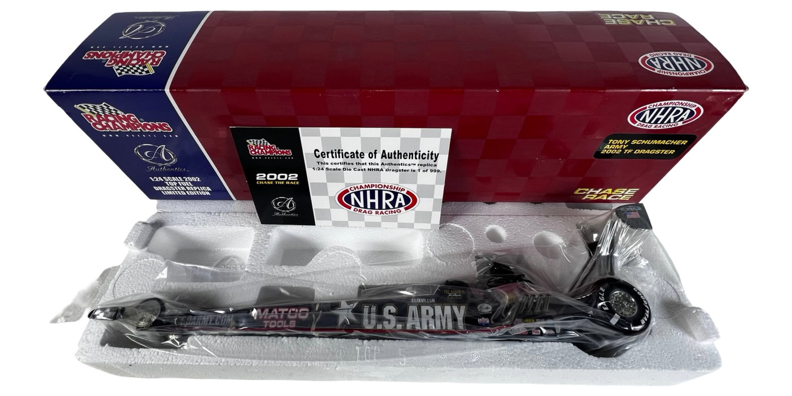 Tony Schumacher 2002 U.S. Army TF Dragster NHRA: Authentic Racing Champions 1:24 scale die-cast replica of Tony Schumacher's 2002 U.S. Army Top Fuel Dragster. This NHRA-licensed collectible from the Chase the Race series features detailed sponsor gr