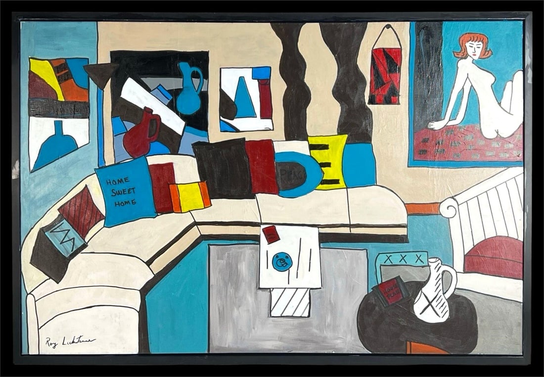 Roy Lichtenstein (Manner) - Pop Art Interior Scene: Vibrant and boldly stylized oil painting depicting a modern interior with graphic lines and vivid color blocking, reminiscent of Roy Lichtenstein's iconic Pop Art aesthetic. The playful domestic scene