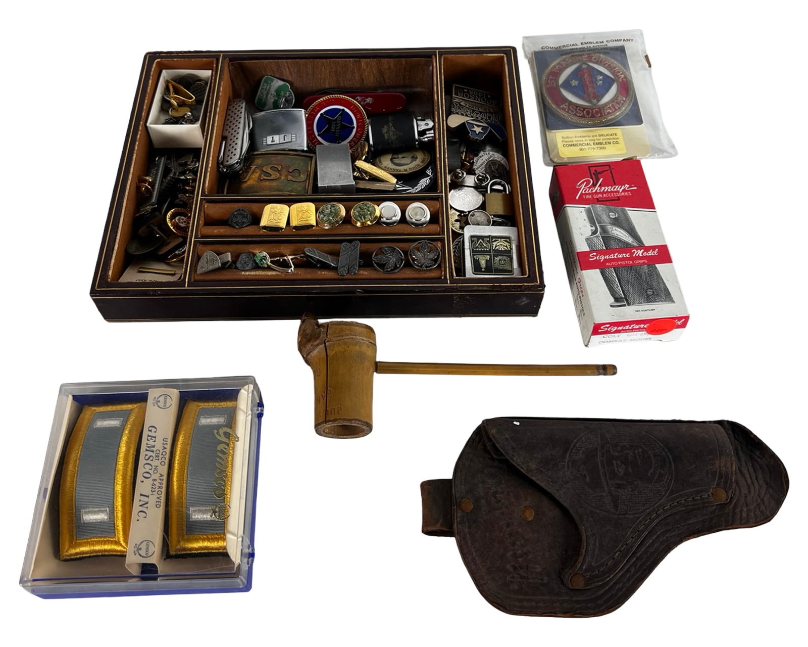 Gradpa's Junk Drawer Lot- Military, Jewelry, Ligh: Grandpa's vintage keepsake drawer lot, filled with mid-century and military-era curiosities including a compartmentalized wood organizer loaded with assorted Rings (including Sterling), tie bars, cuff